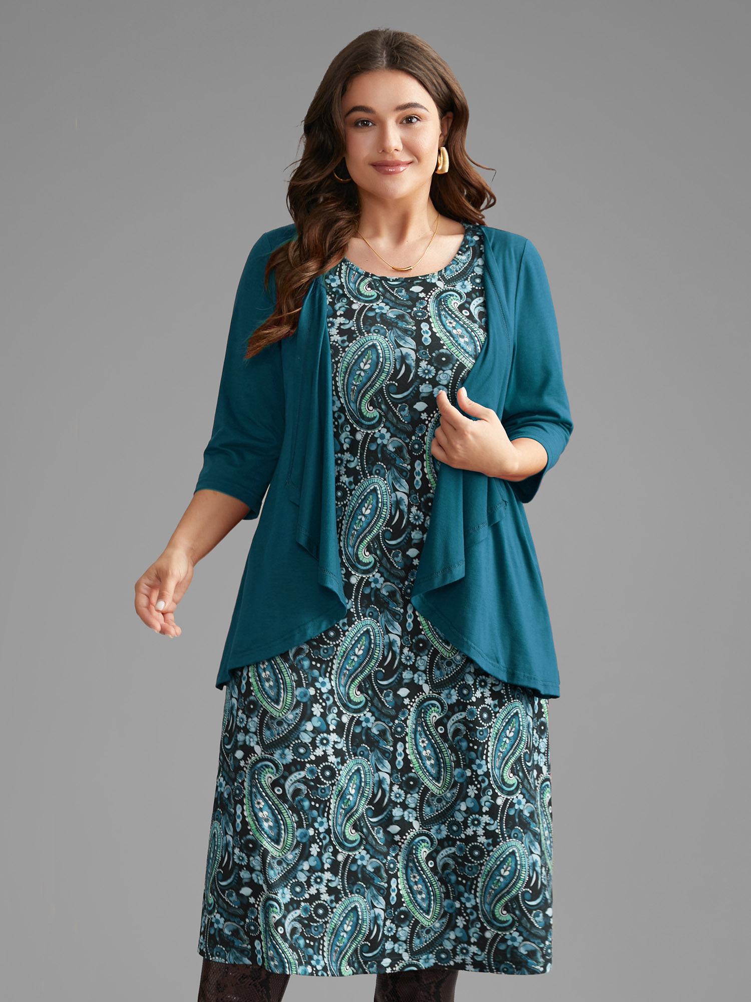 

Plus Size Two Piece Paisley Print Knit Dress Set Teal Women Elegant Tiered Knit Dresses Bloomchic