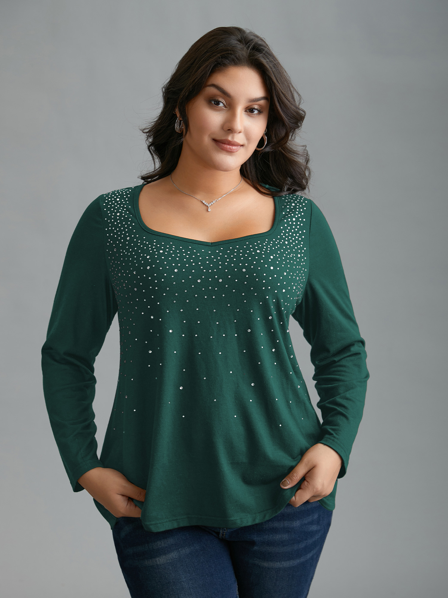 

Plus Size Sequin Stretchy Long Sleeve T-shirt DarkGreen Women Elegant Rhinestone detailing Heart neckline Everyday T-shirts BloomChic