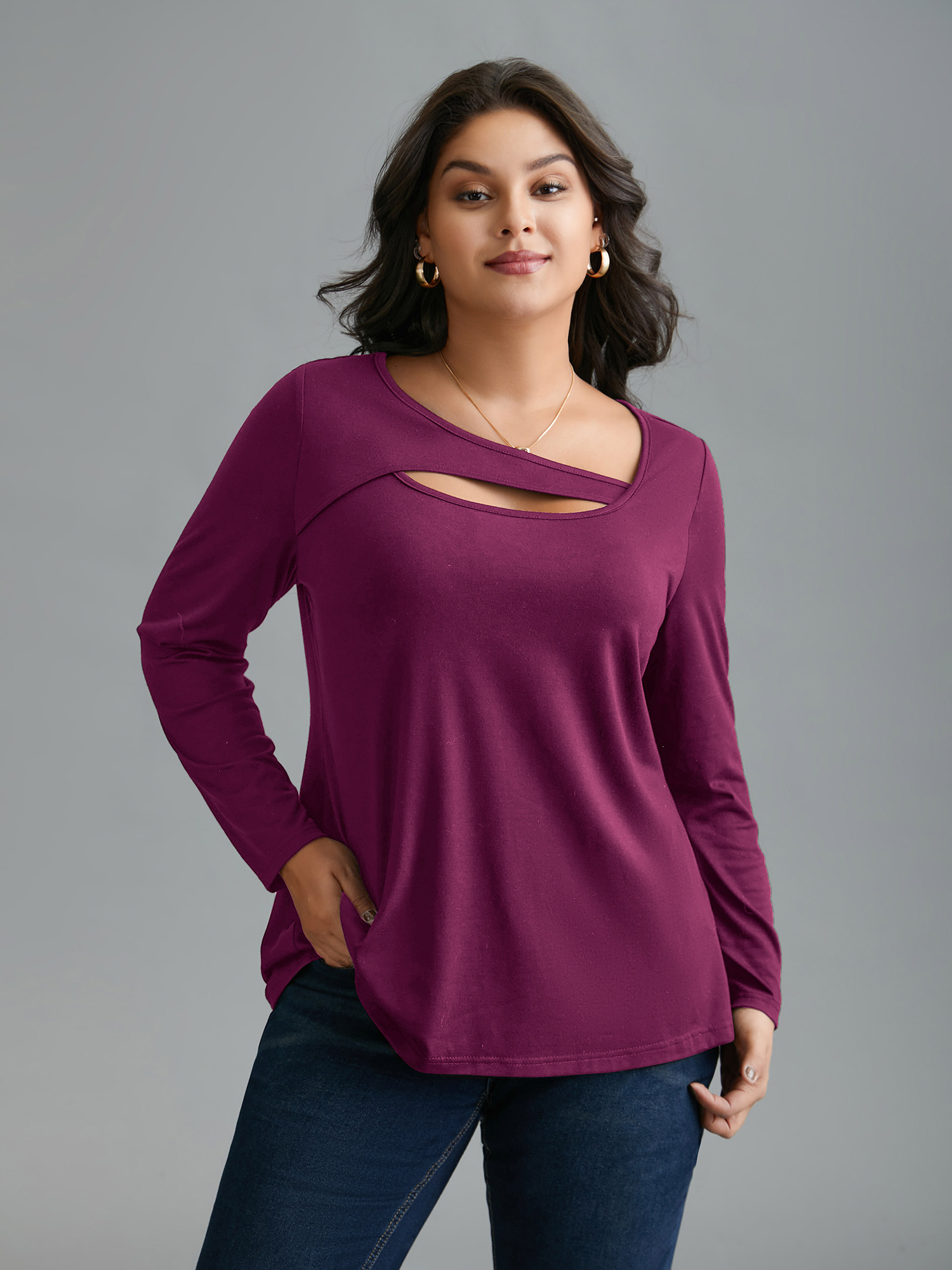 

Plus Size Asymmetrical Neckline Long Sleeve T-shirt Deeppurplered Women Casual Cut-Out Asymmetrical Neck Everyday T-shirts BloomChic