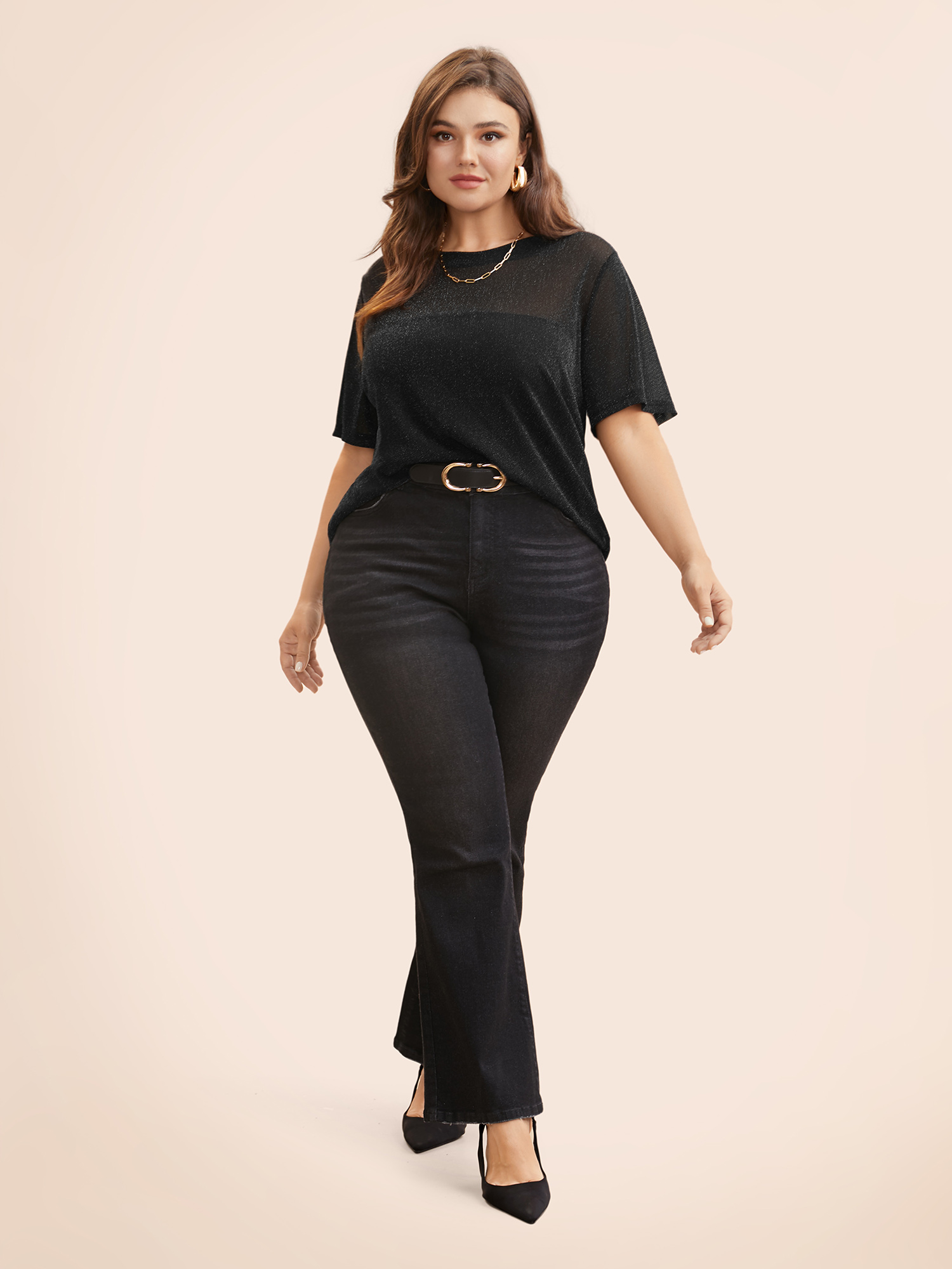 Plus Size Round Neck Luxe Mesh T-shirt Black Women Elegant See through Round Neck Everyday T-shirts BloomChic 12/L 