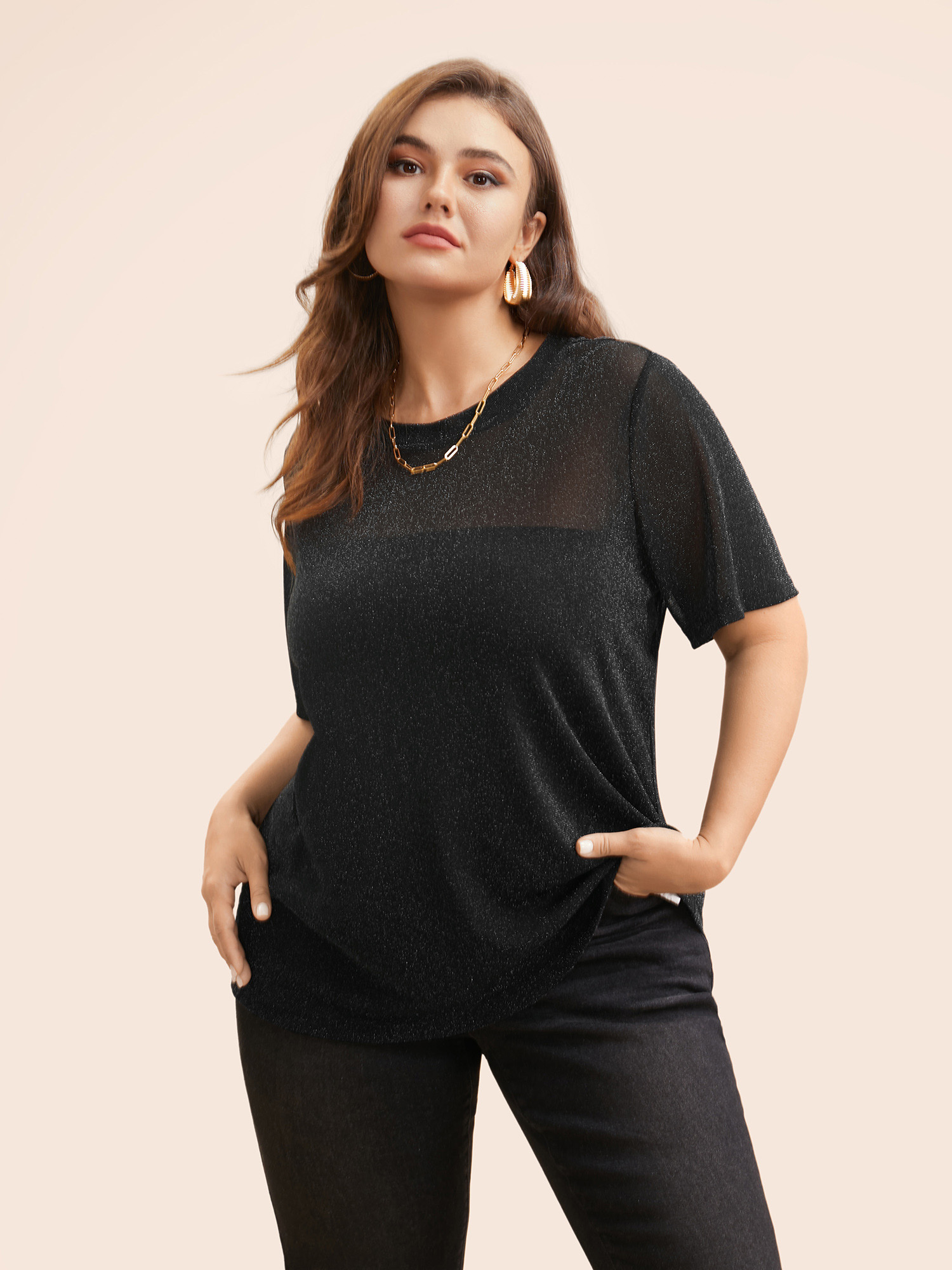 Plus Size Round Neck Luxe Mesh T-shirt Black Women Elegant See through Round Neck Everyday T-shirts BloomChic 12/L 