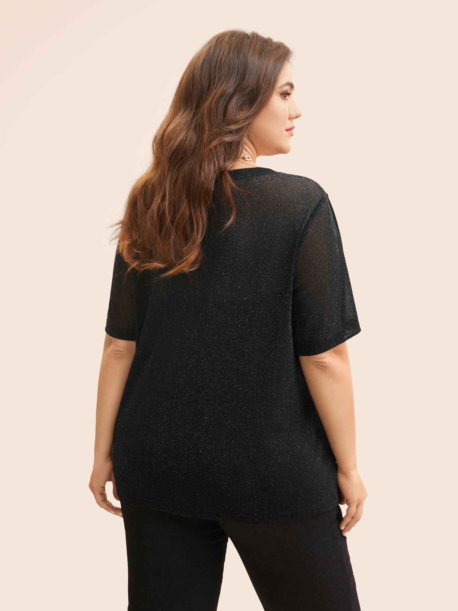 Plus Size Round Neck Luxe Mesh T-shirt Black Women Elegant See through Round Neck Everyday T-shirts BloomChic 12/L 