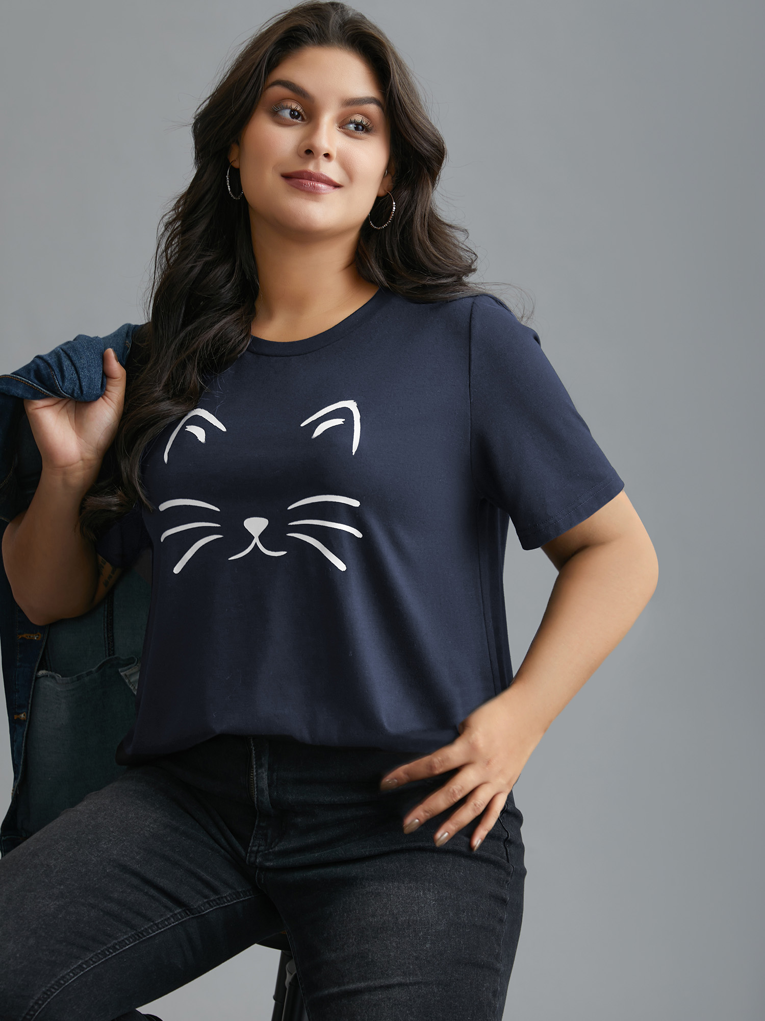 

Plus Size Meow Print Round Neck Slim-Fit T-shirt Midnight Women Casual Non Animals Round Neck Everyday T-shirts BloomChic