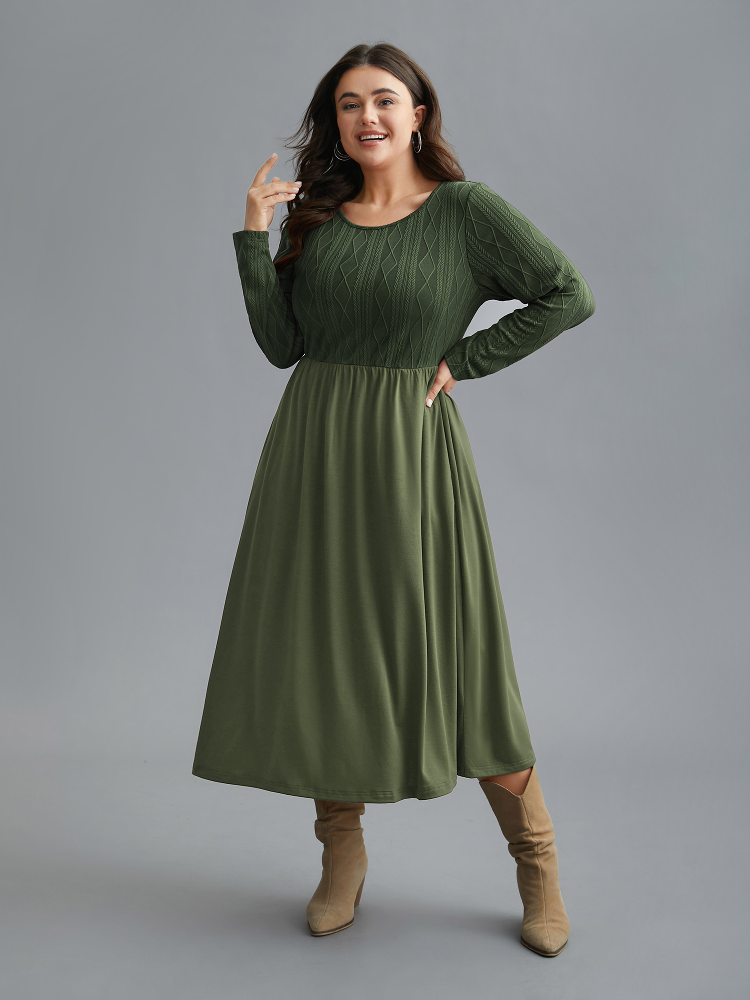 

Plus Size Cable Knit Round Neck Elastic Waist Midi Dress DarkGreen Women Casual Texture Knit Dresses Bloomchic