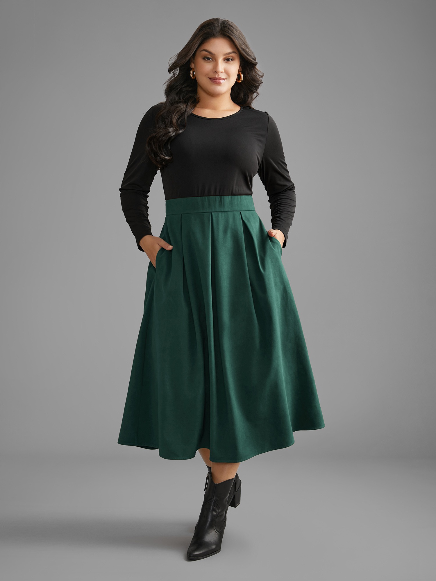 

Plus Size Crew Neck Contrast Shirred Pleated Dress DarkGreen Women Casual Contrast Round Neck Long Sleeve Curvy BloomChic