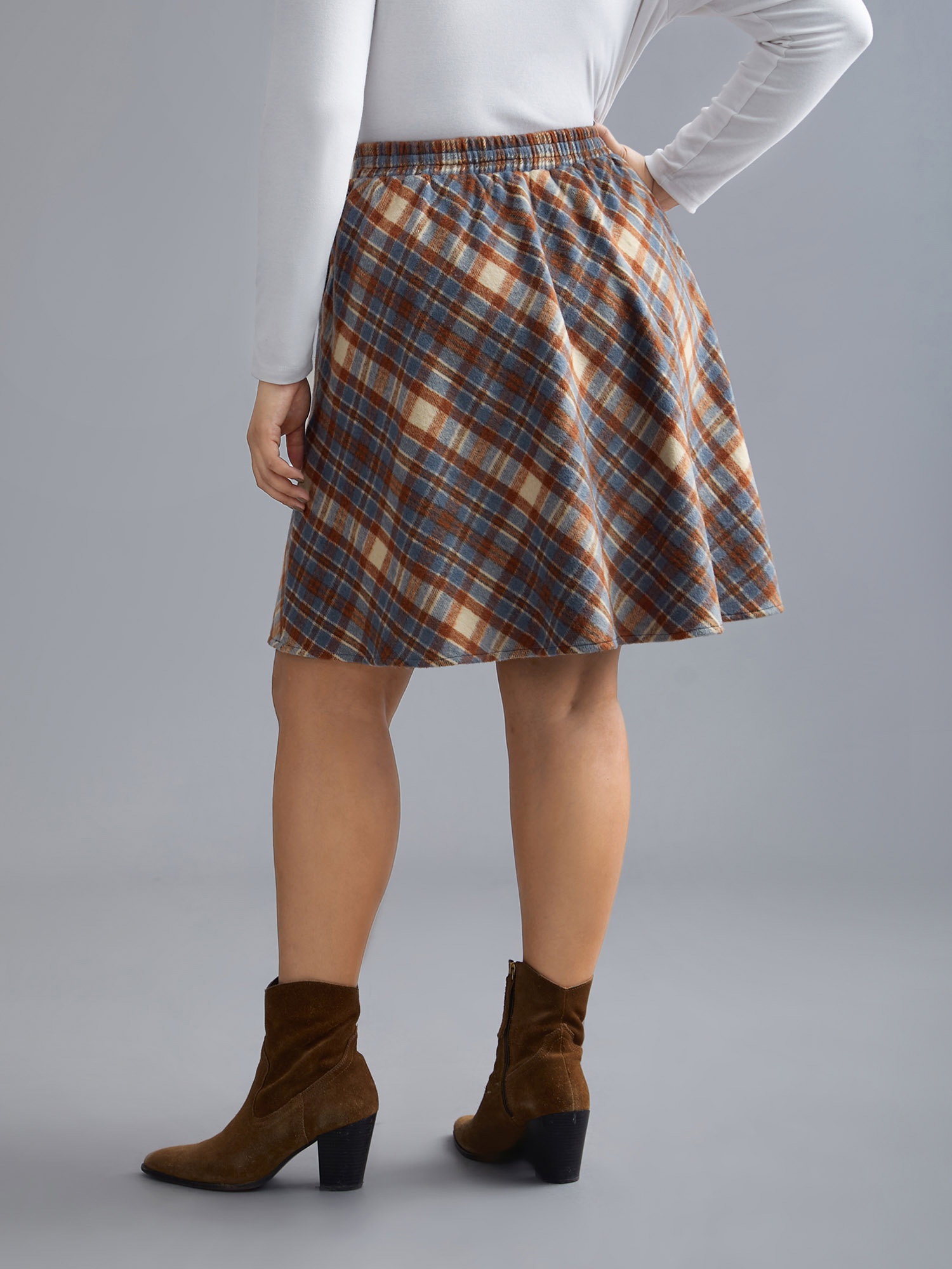 Plus Size Plaid Pattern Elastic Waist A-line Mini Skirt Women LightBlue Elegant Low stretch Slanted pocket Everyday Skirts BloomChic 26/4X 