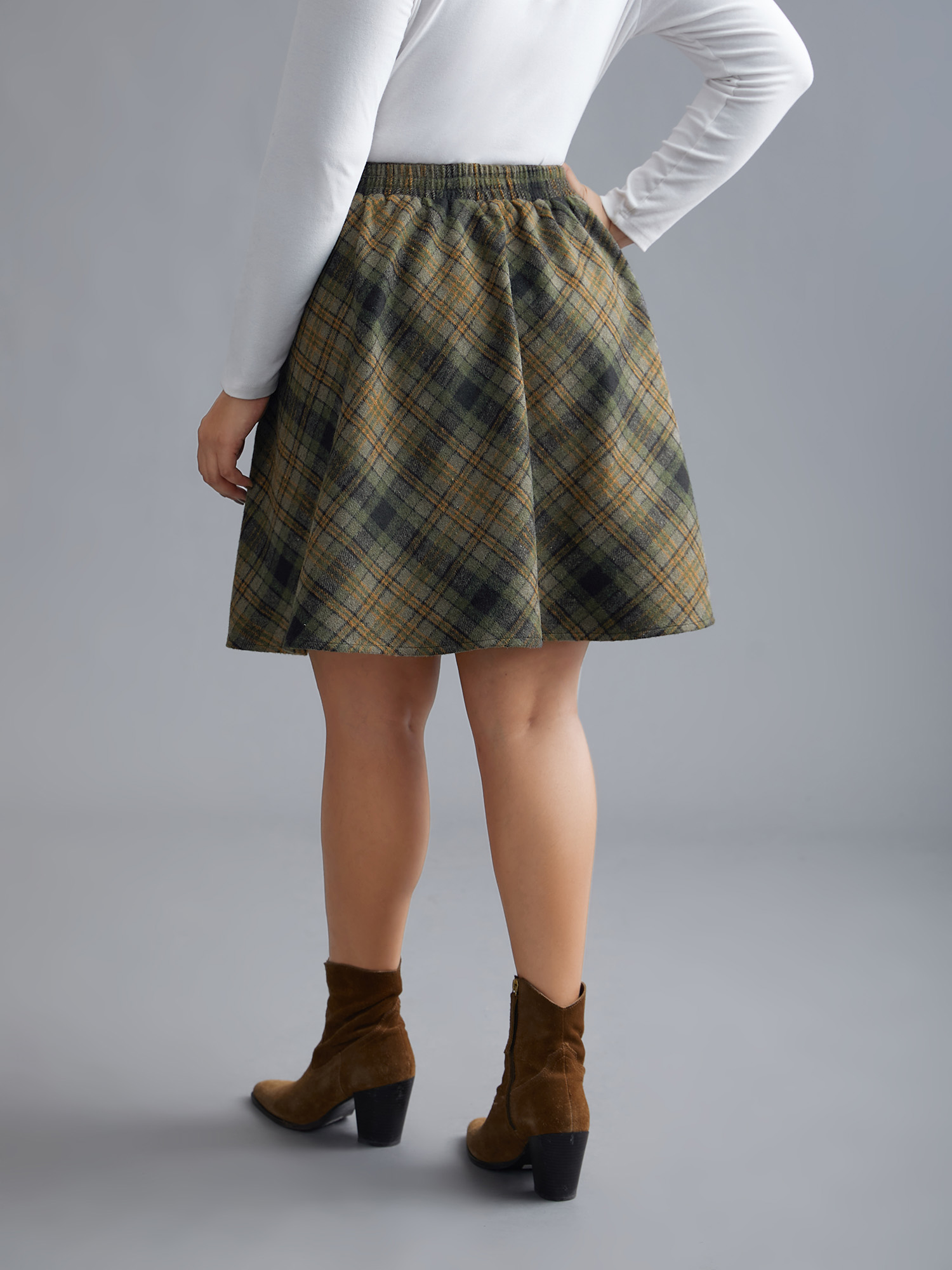 

Plus Size Plaid Pattern Elastic Waist A-line Mini Skirt Women Truegreen Elegant Low stretch Slanted pocket Everyday Skirts BloomChic