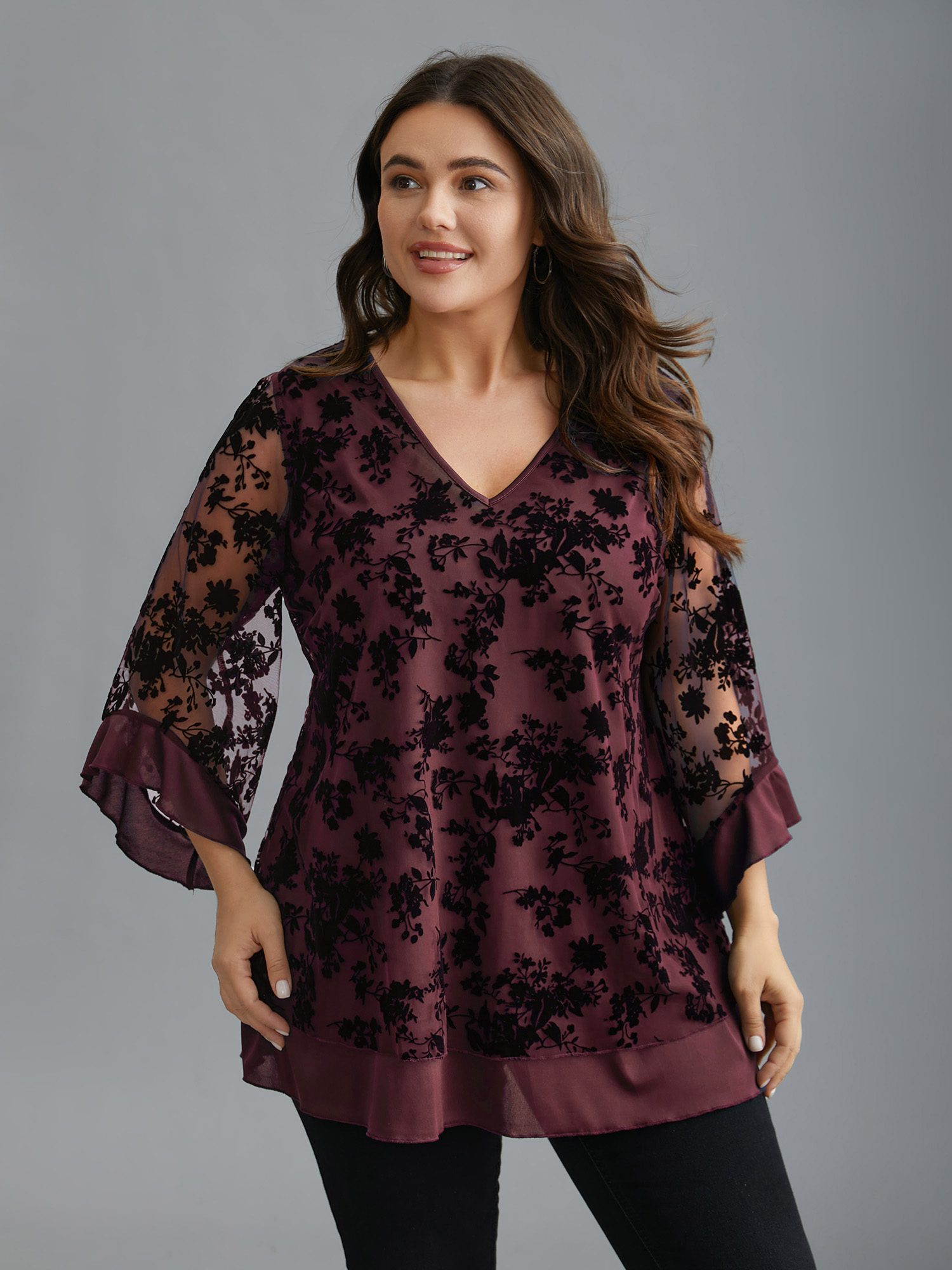 

Plus Size Burgundy Floral Flocking Mesh Asymmetrical Hem Blouse Women Elegant Three Quater Length Sleeve V-neck Everyday Blouses BloomChic