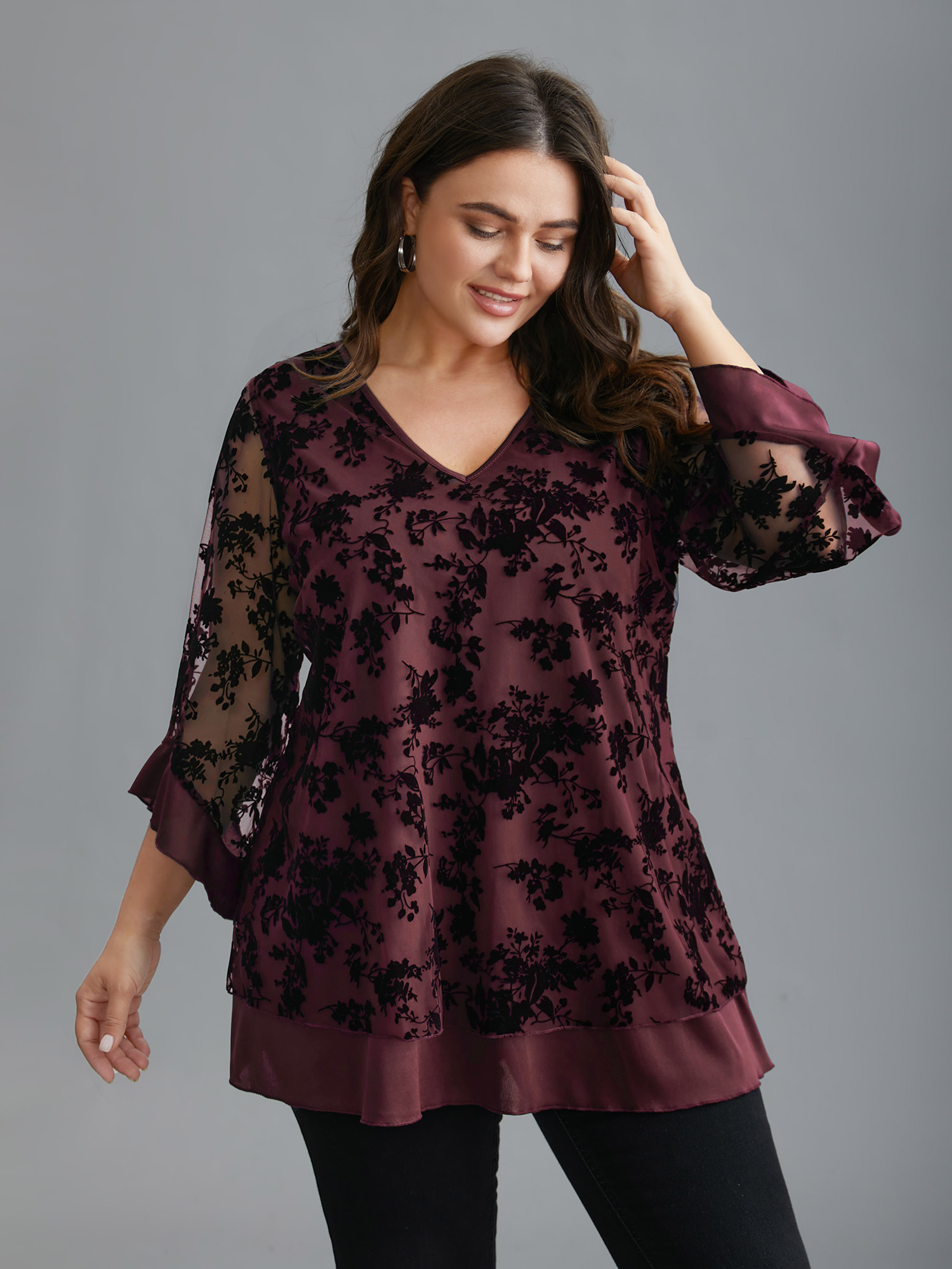 

Plus Size Burgundy Floral Flocking Mesh Asymmetrical Hem Blouse Women Elegant Three Quater Length Sleeve V-neck Everyday Blouses BloomChic