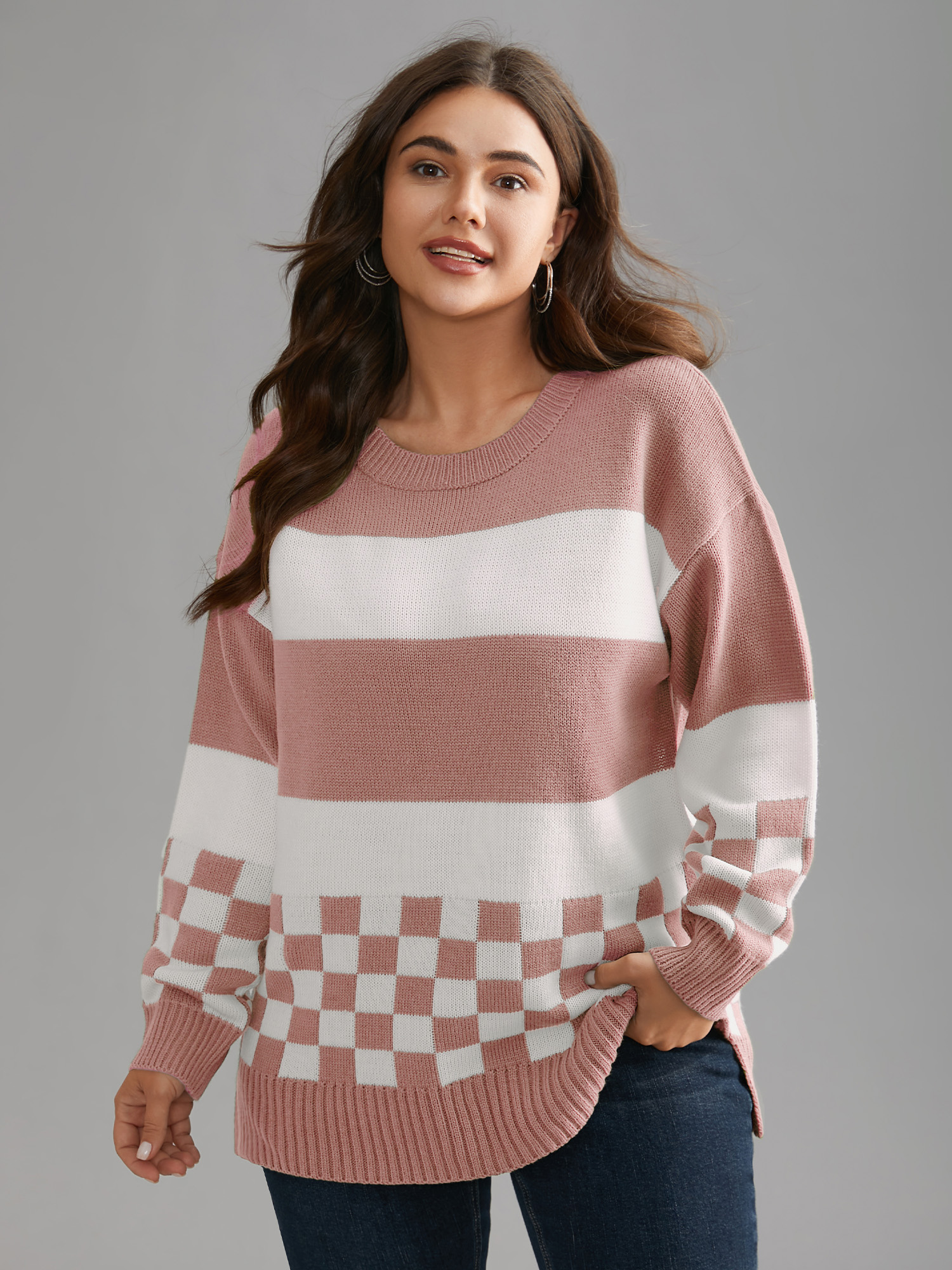 

Plus Size Colorblock Contrast Round Neck Split Hem Pullover Crepe Women Casual Loose Long Sleeve Round Neck Everyday Pullovers BloomChic