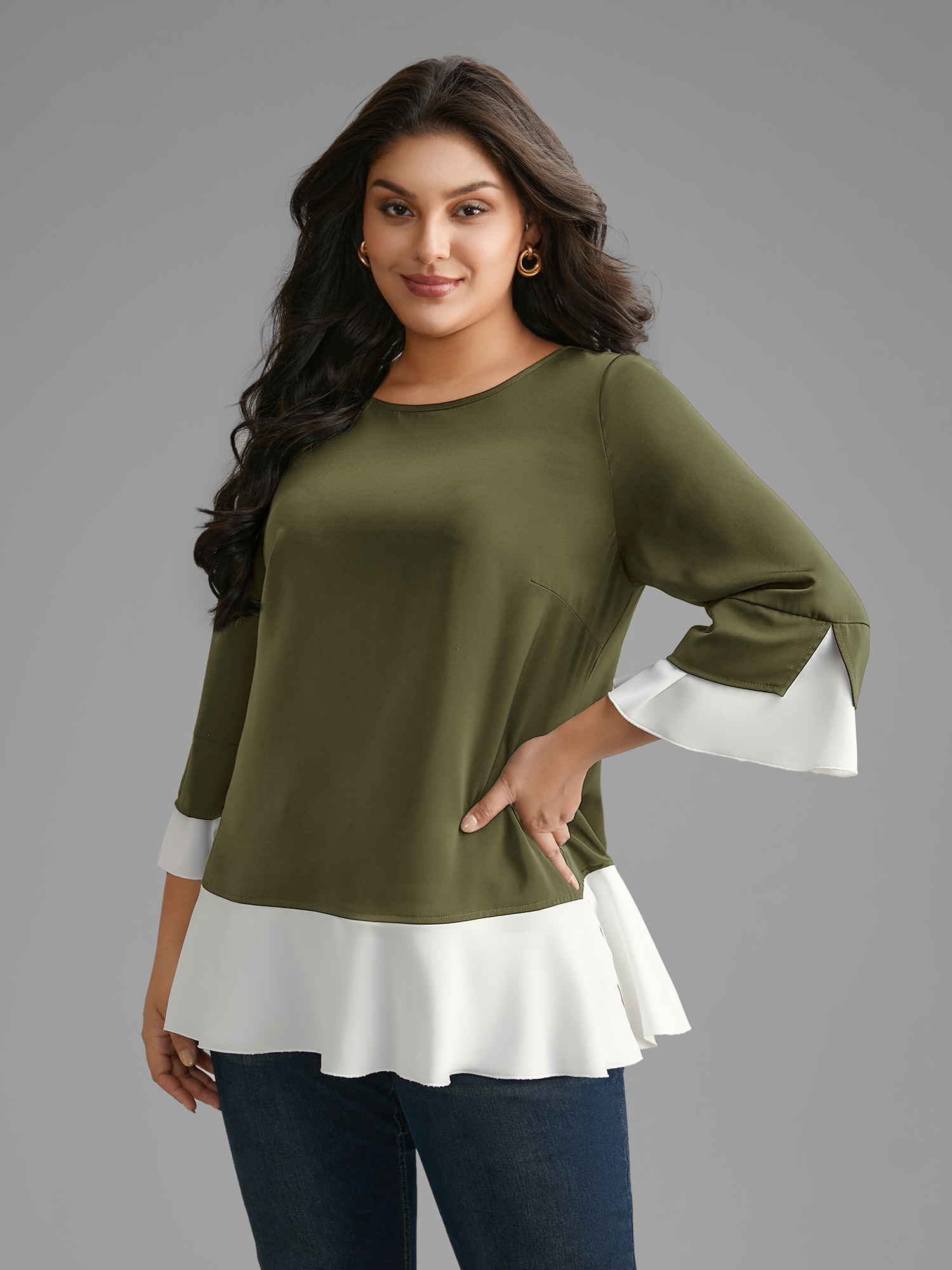 

Plus Size ArmyGreen Contrast Patchwork Bell Sleeve Blouse Women Elegant Elbow-length sleeve Round Neck Everyday Blouses BloomChic