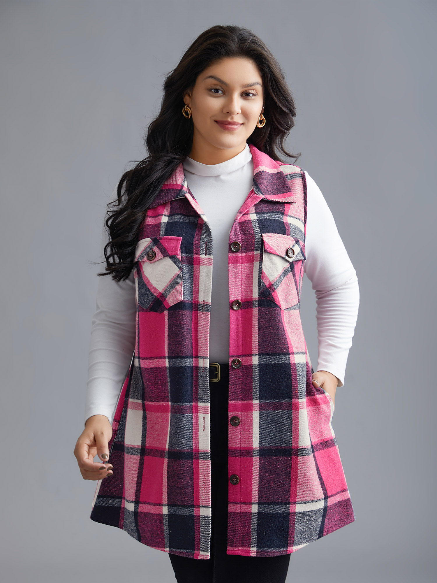 

Plus Size Plaid Flap Detail Sleeveless Jacket Women Rosered Button Side seam pocket Everyday Jackets BloomChic