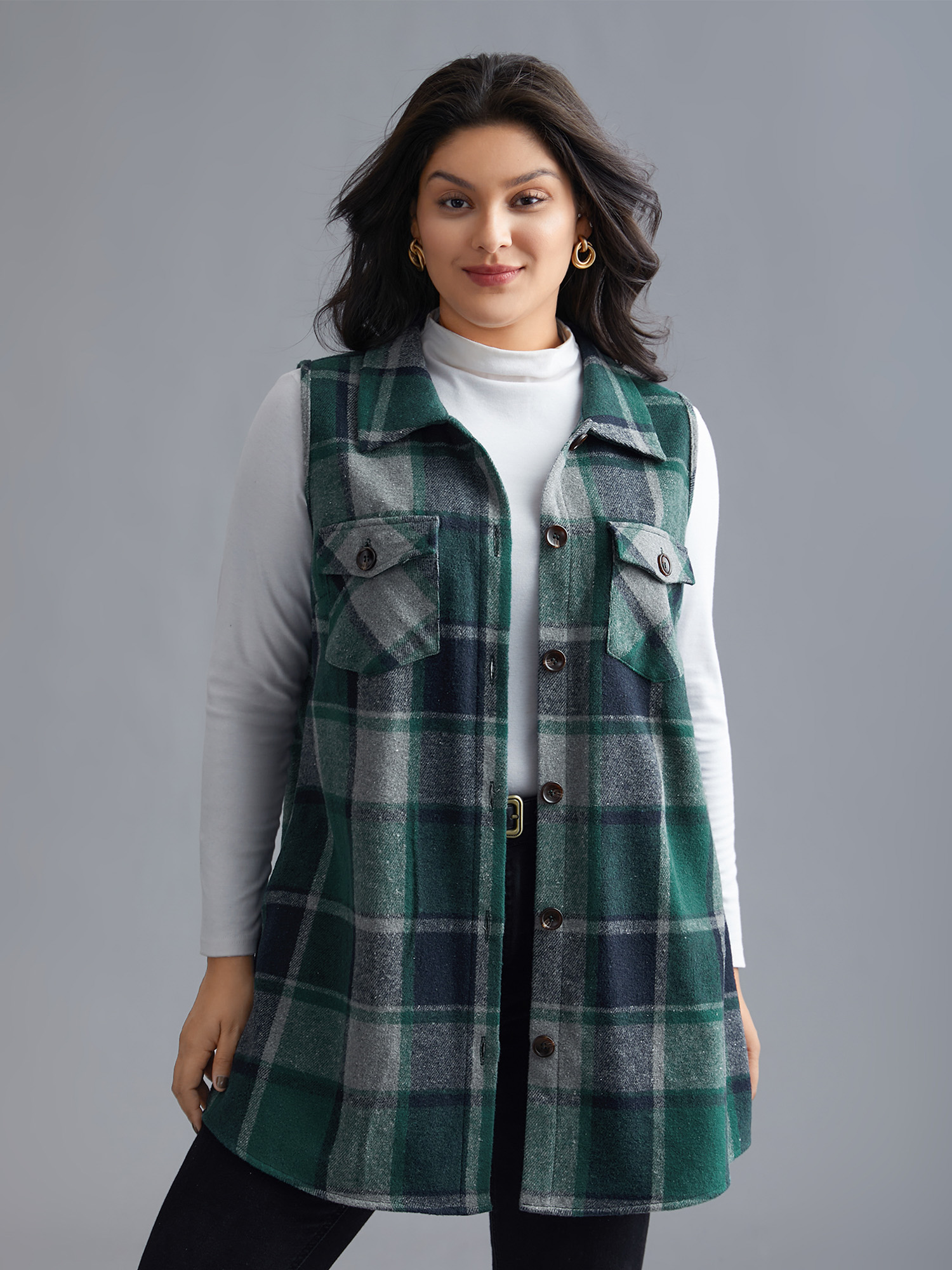 

Plus Size Plaid Flap Detail Sleeveless Jacket Women DarkGreen Button Side seam pocket Everyday Jackets BloomChic