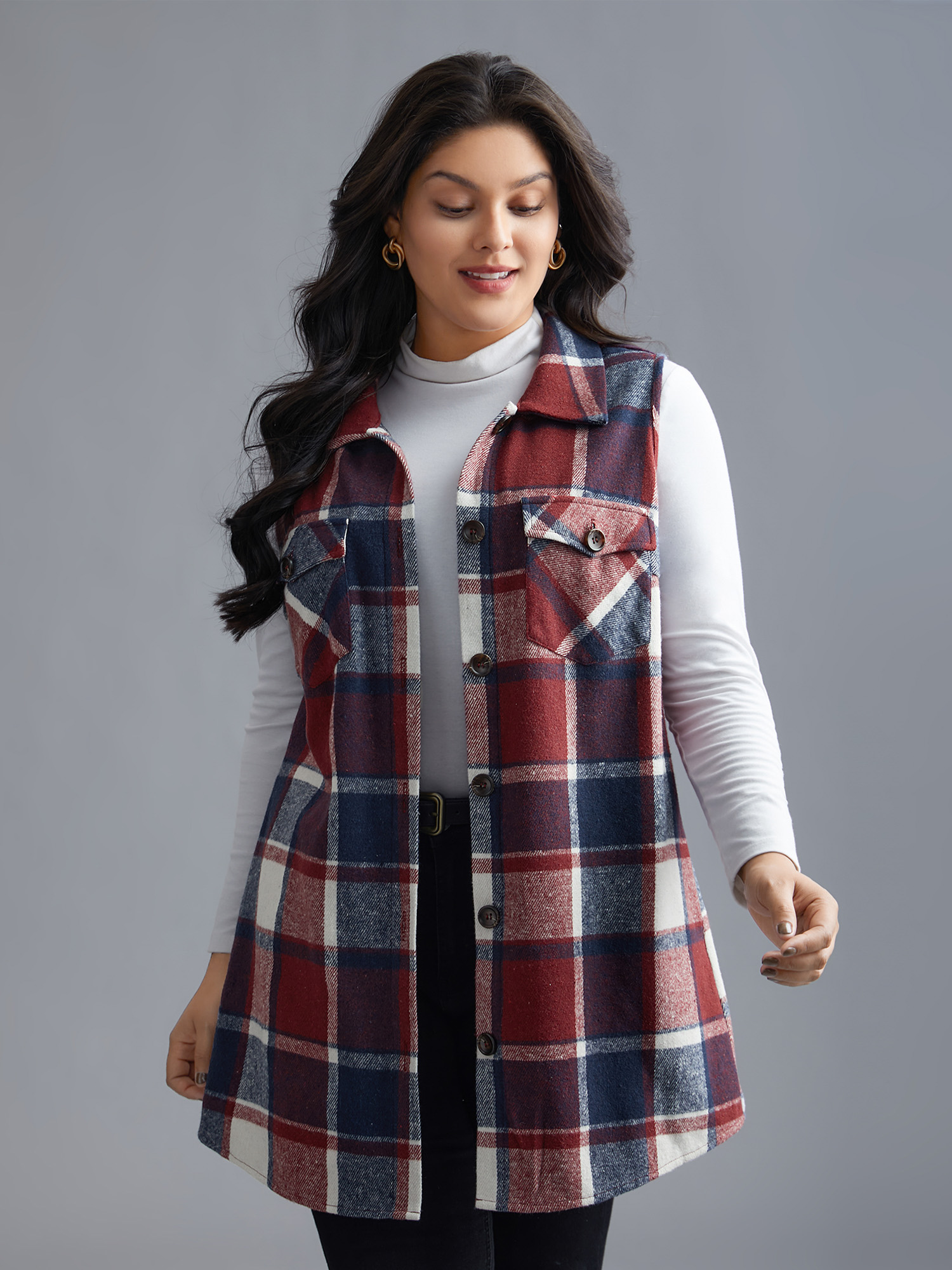 

Plus Size Plaid Flap Detail Sleeveless Jacket Women Burgundy Button Side seam pocket Everyday Jackets BloomChic