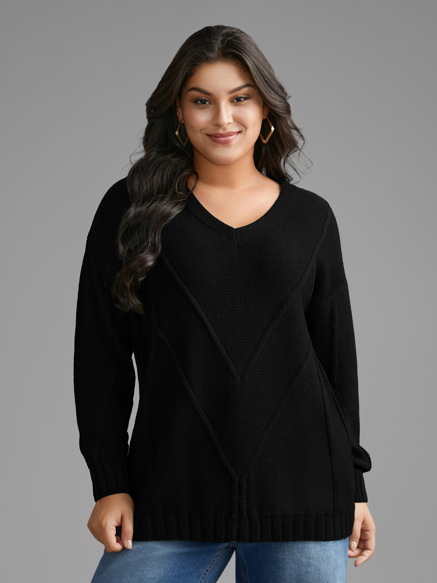 

Plus Size V Neck Cable Knit Texture Pullover Black Women Casual Loose Long Sleeve V-neck Everyday Pullovers BloomChic