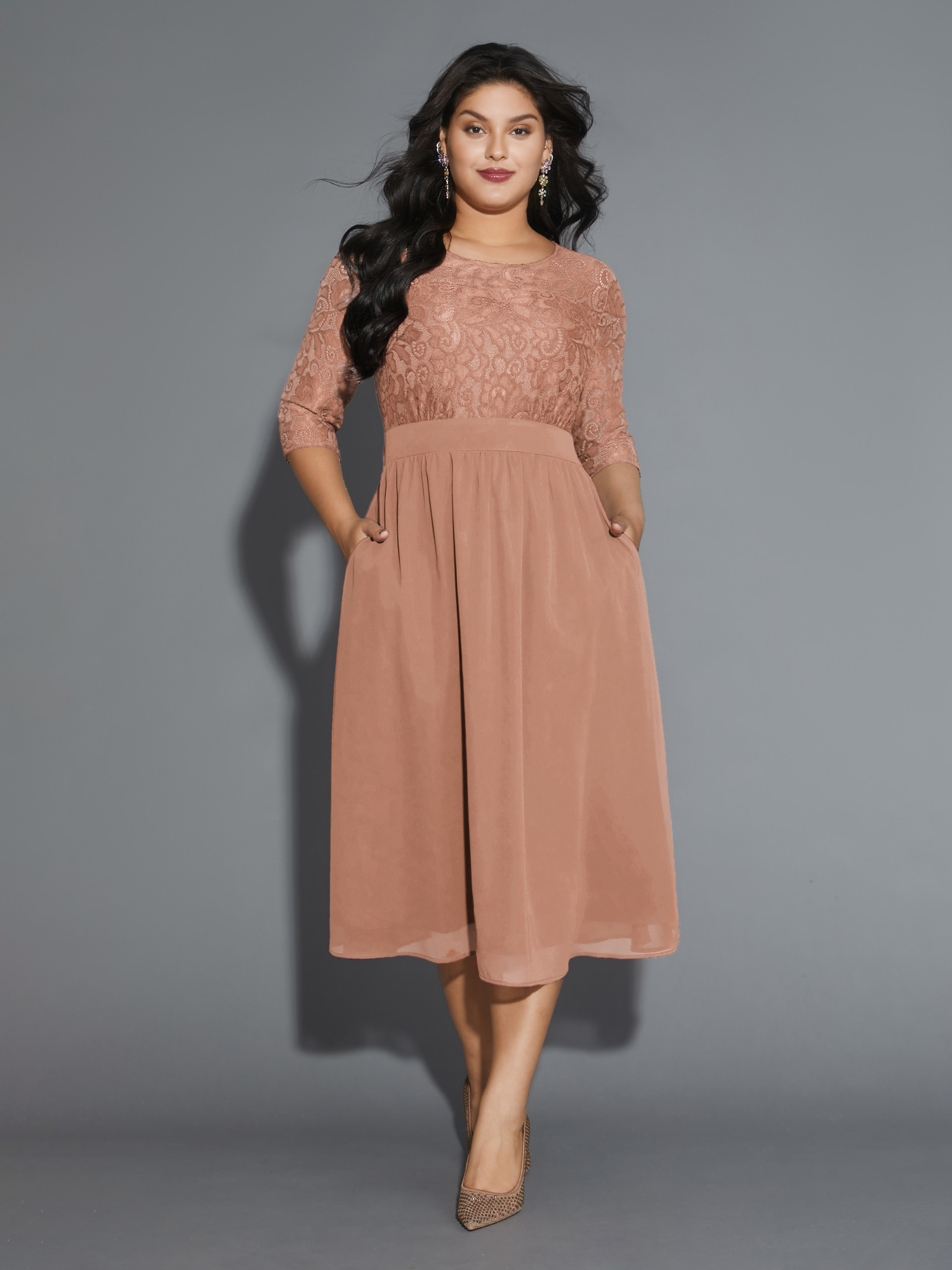 

Plus Size Lace Patchwork Shirred Midi Pocket Dress Apricot Women Cocktail Woven ribbon&lace trim Round Neck Elbow-length sleeve Curvy BloomChic