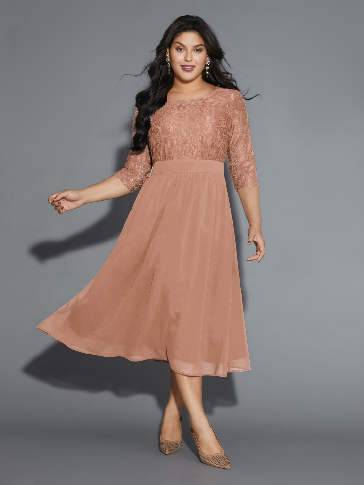 Plus Size Lace Patchwork Shirred Midi Pocket Dress Apricot Women Cocktail Woven ribbon&lace trim Round Neck Elbow-length sleeve Curvy BloomChic 26/4X 