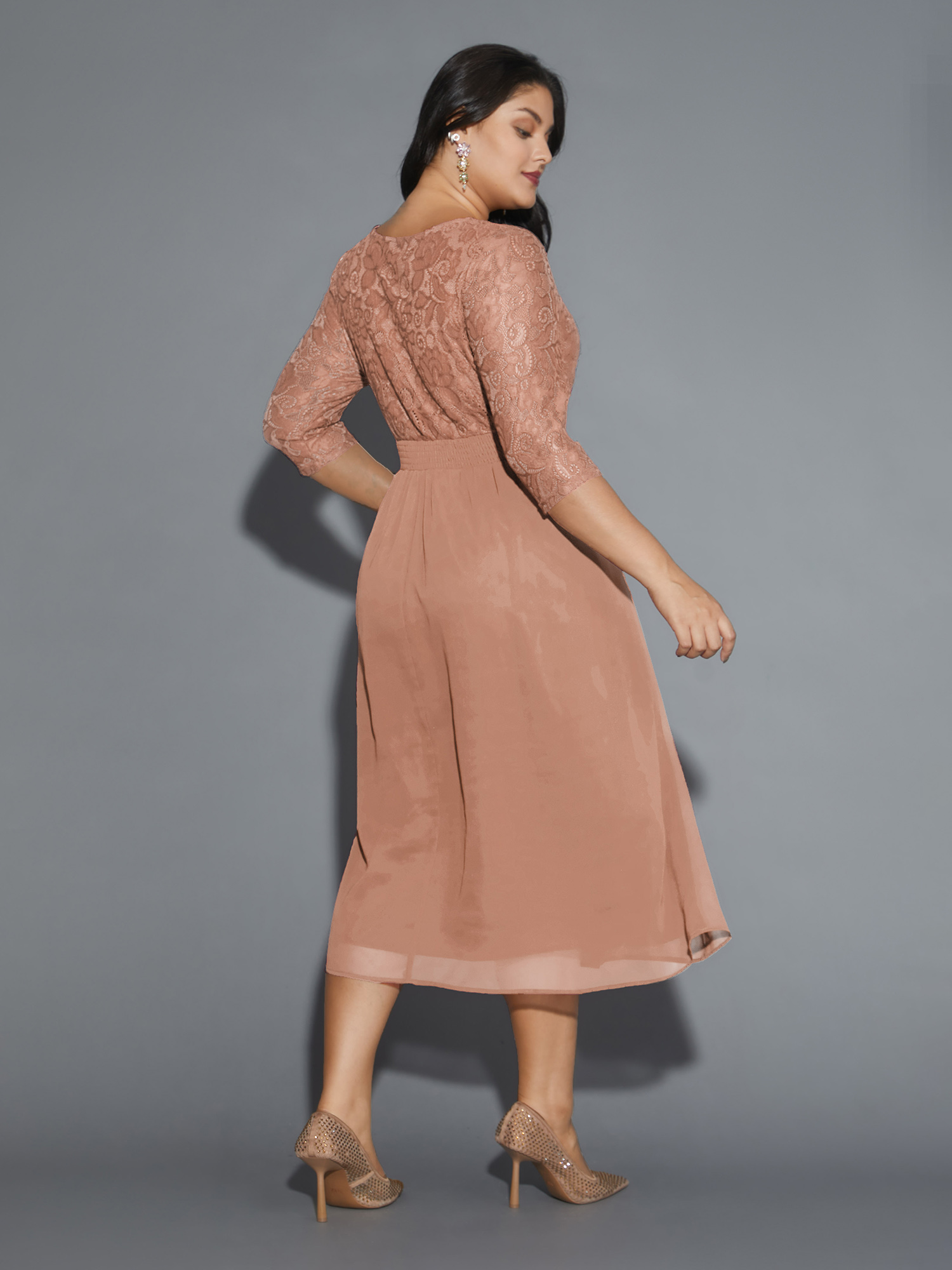 Plus Size Lace Patchwork Shirred Midi Pocket Dress Apricot Women Cocktail Woven ribbon&lace trim Round Neck Elbow-length sleeve Curvy BloomChic 26/4X 