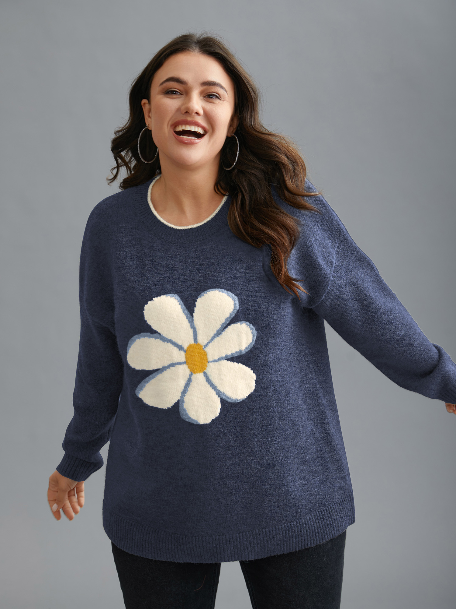 

Plus Size Floral Textured Crew Neck Pullover Indigo Women Casual Loose Long Sleeve Round Neck Everyday Pullovers BloomChic