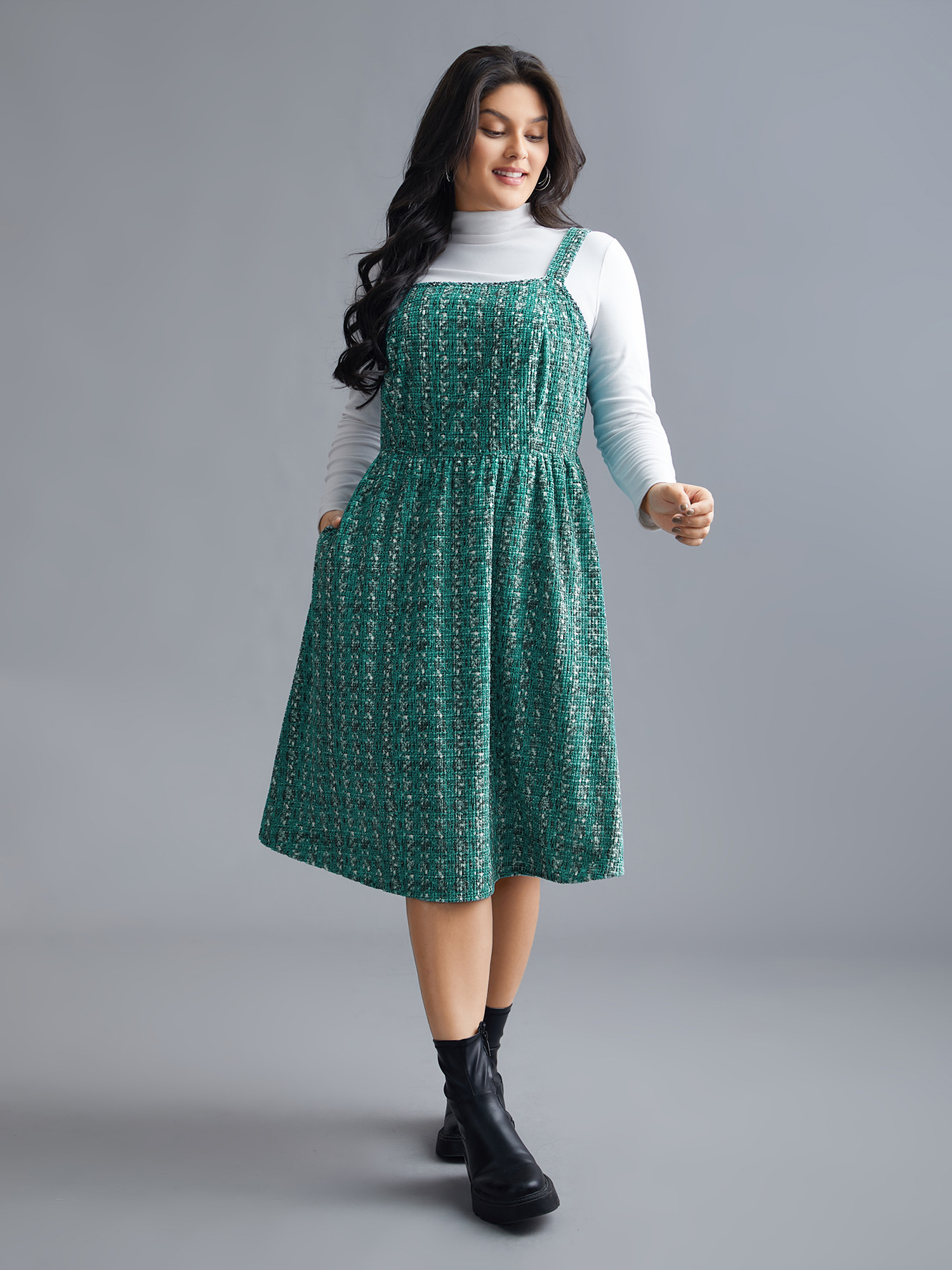 

Plus Size Plaid Pinafore Elastic Waist Midi Dress Teal Women Elegant Texture Square Neck Sleeveless Curvy BloomChic