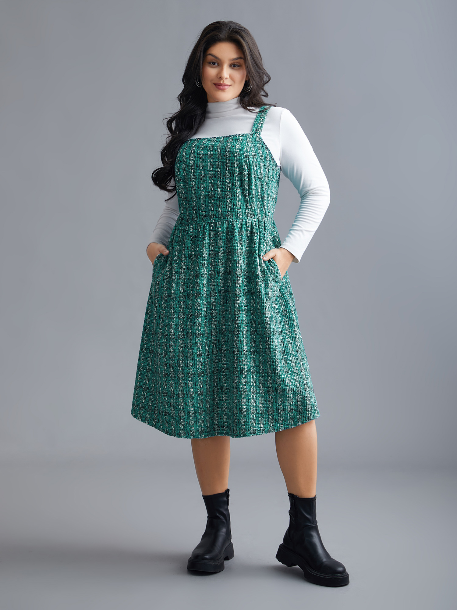 

Plus Size Plaid Pinafore Elastic Waist Midi Dress Teal Women Elegant Texture Square Neck Sleeveless Curvy BloomChic