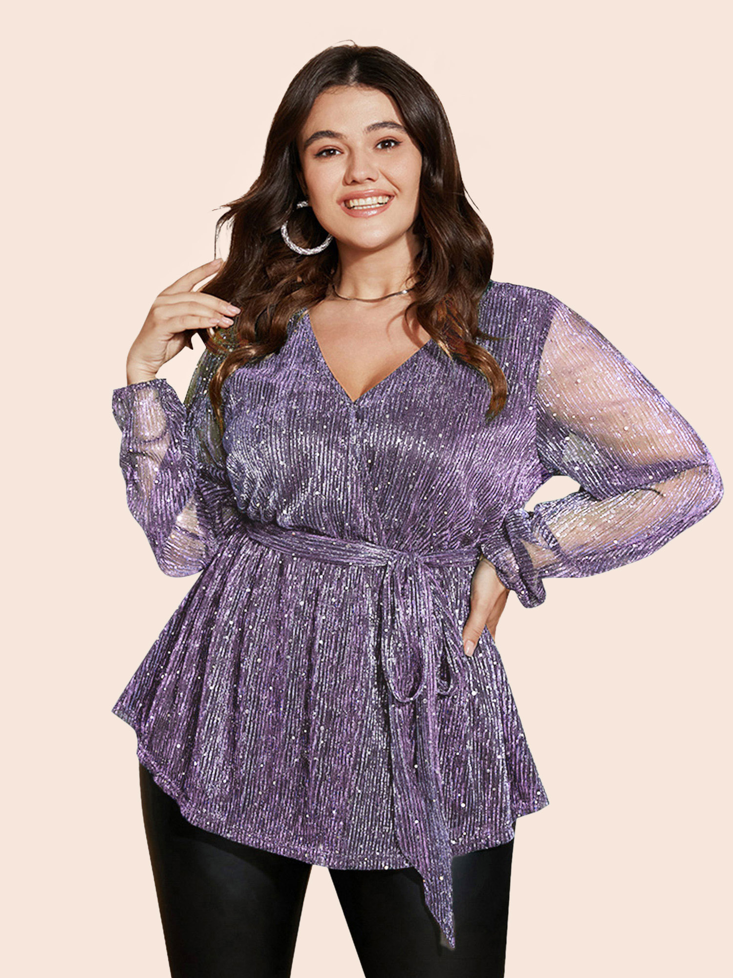 

Plus Size Lilac Sequin Mesh Lantern Sleeve Wrap Belted Striped Blouse Women Cocktail Long Sleeve Overlap Collar Party Blouses BloomChic