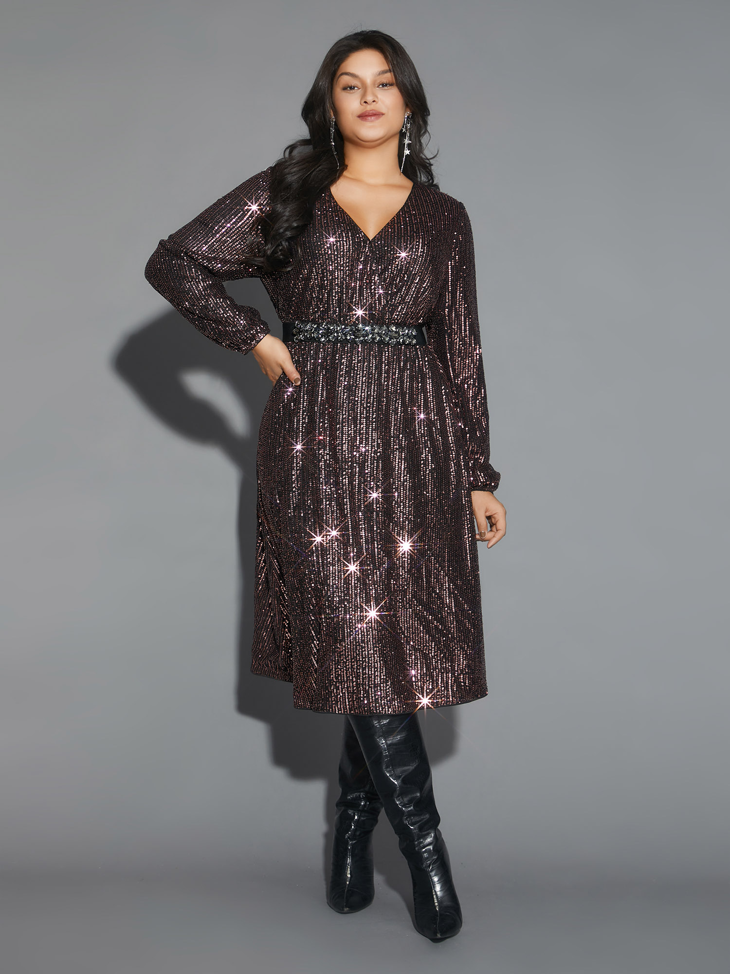 

Plus Size Solid Pocket Lantern Sleeve Wrap Sequin Dress Beanpastepowder Women Party Pocket Overlap Collar Long Sleeve Curvy Midi Dress BloomChic