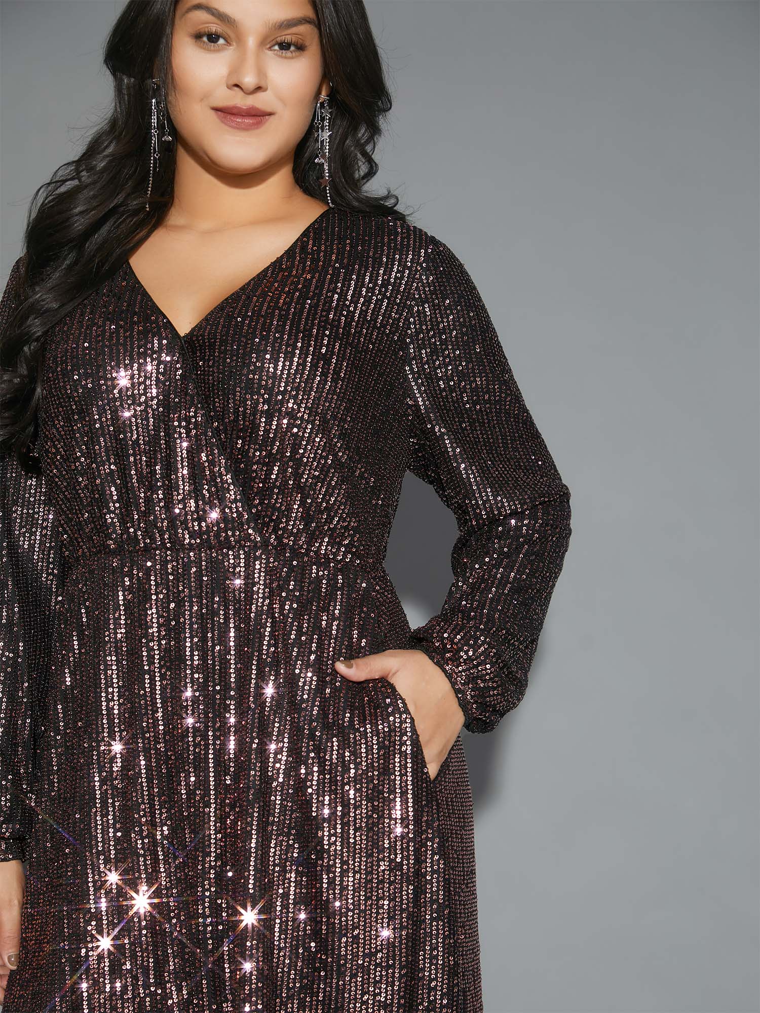 

Plus Size Solid Pocket Lantern Sleeve Wrap Sequin Dress Beanpastepowder Women Party Pocket Overlap Collar Long Sleeve Curvy Midi Dress BloomChic