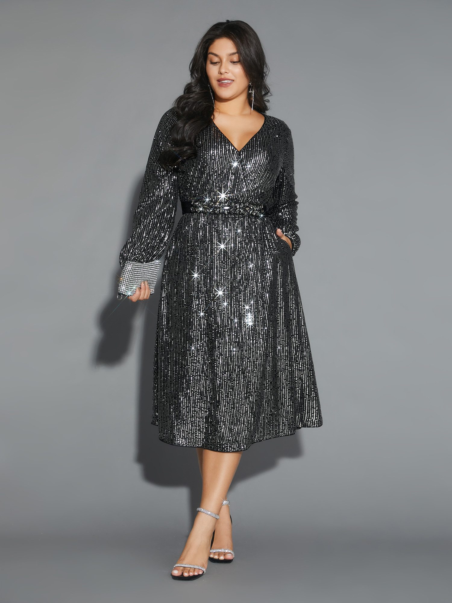 

Plus Size Solid Pocket Lantern Sleeve Wrap Sequin Dress Silver Women Party Pocket Overlap Collar Long Sleeve Curvy Midi Dress BloomChic