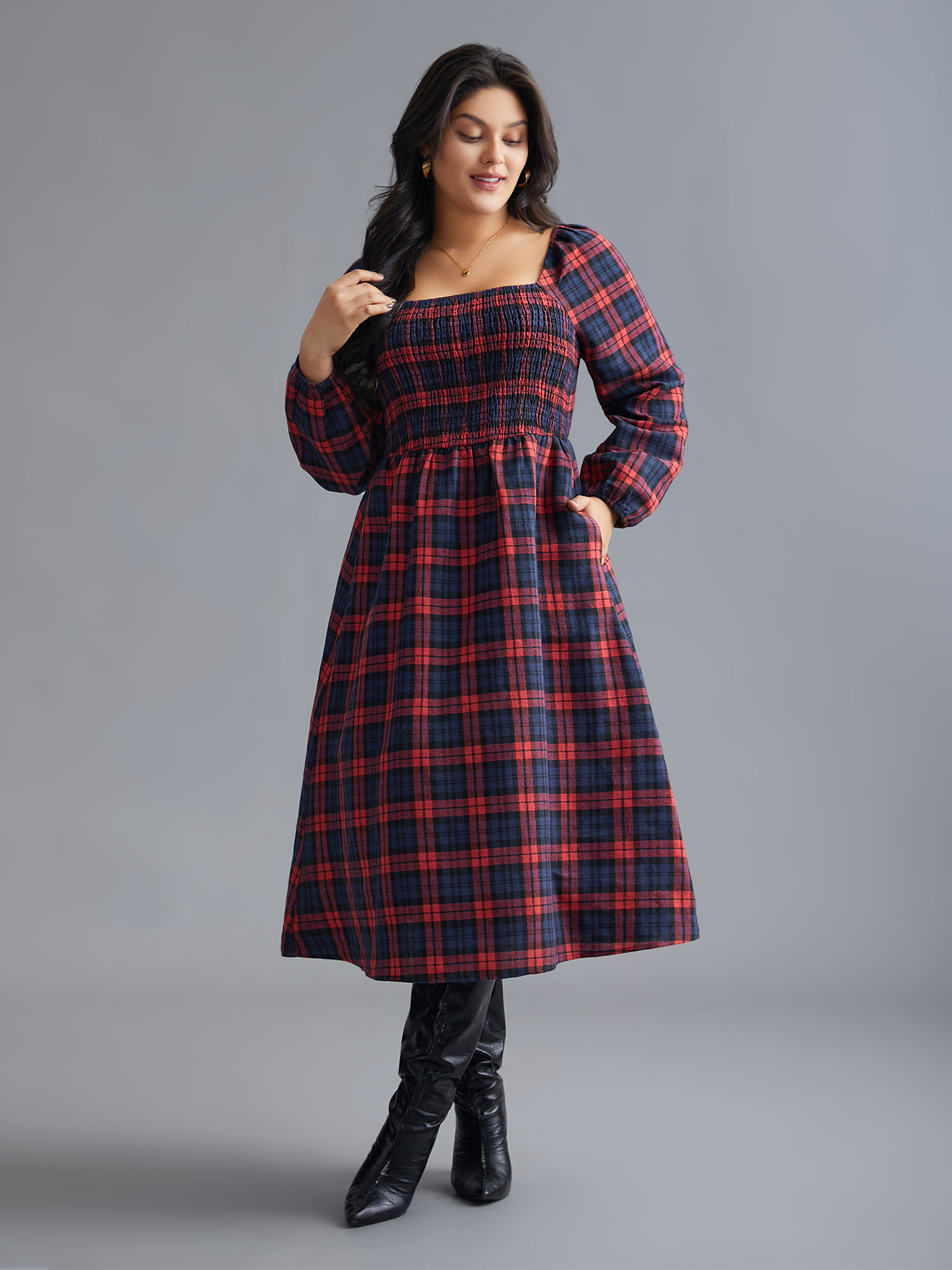 

Plus Size Plaid Square Neck Shirred Midi Dress Scarlet Women Elegant Shirred Square Neck Long Sleeve Curvy BloomChic