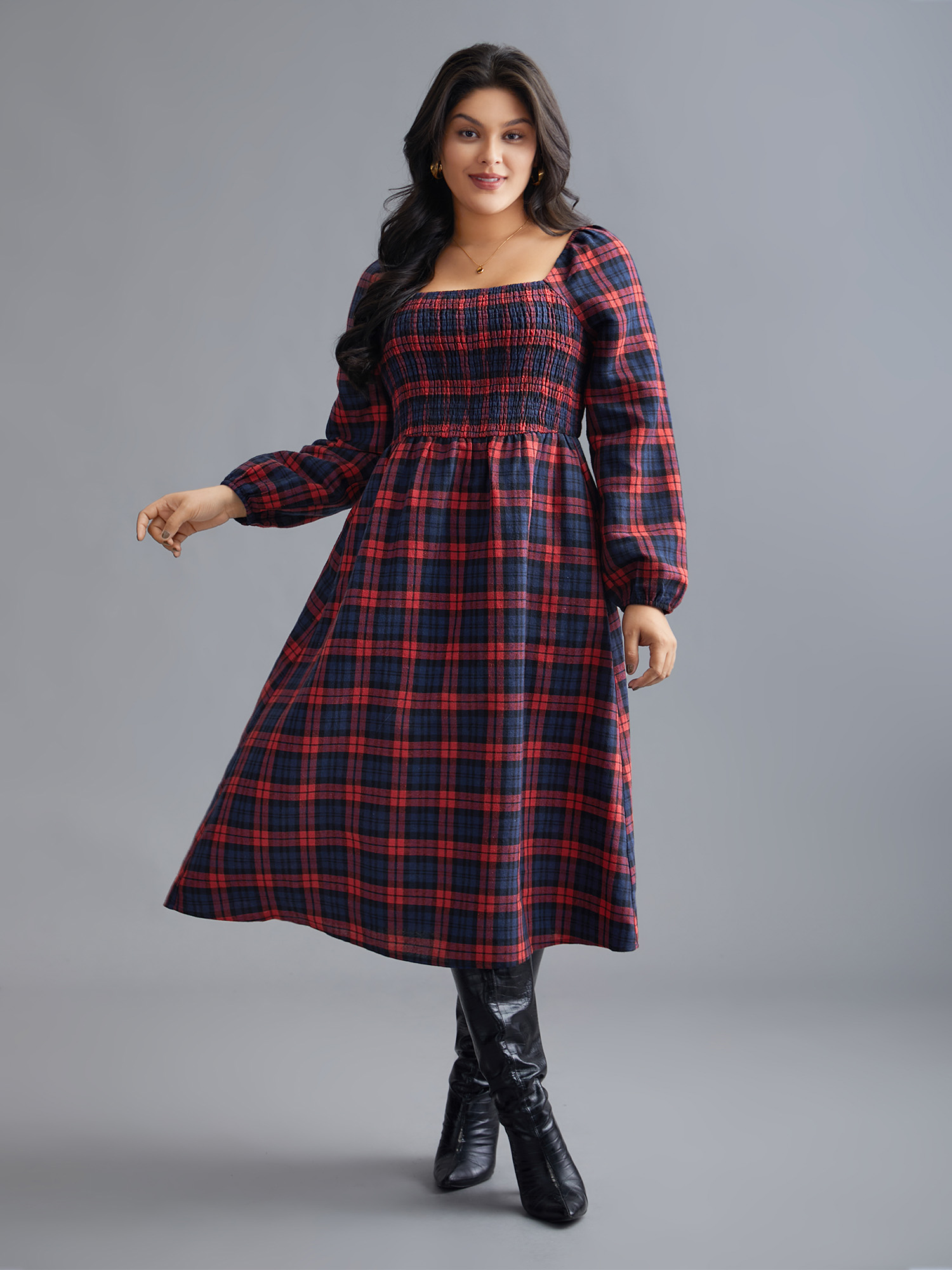 

Plus Size Plaid Square Neck Shirred Midi Dress Scarlet Women Elegant Shirred Square Neck Long Sleeve Curvy BloomChic