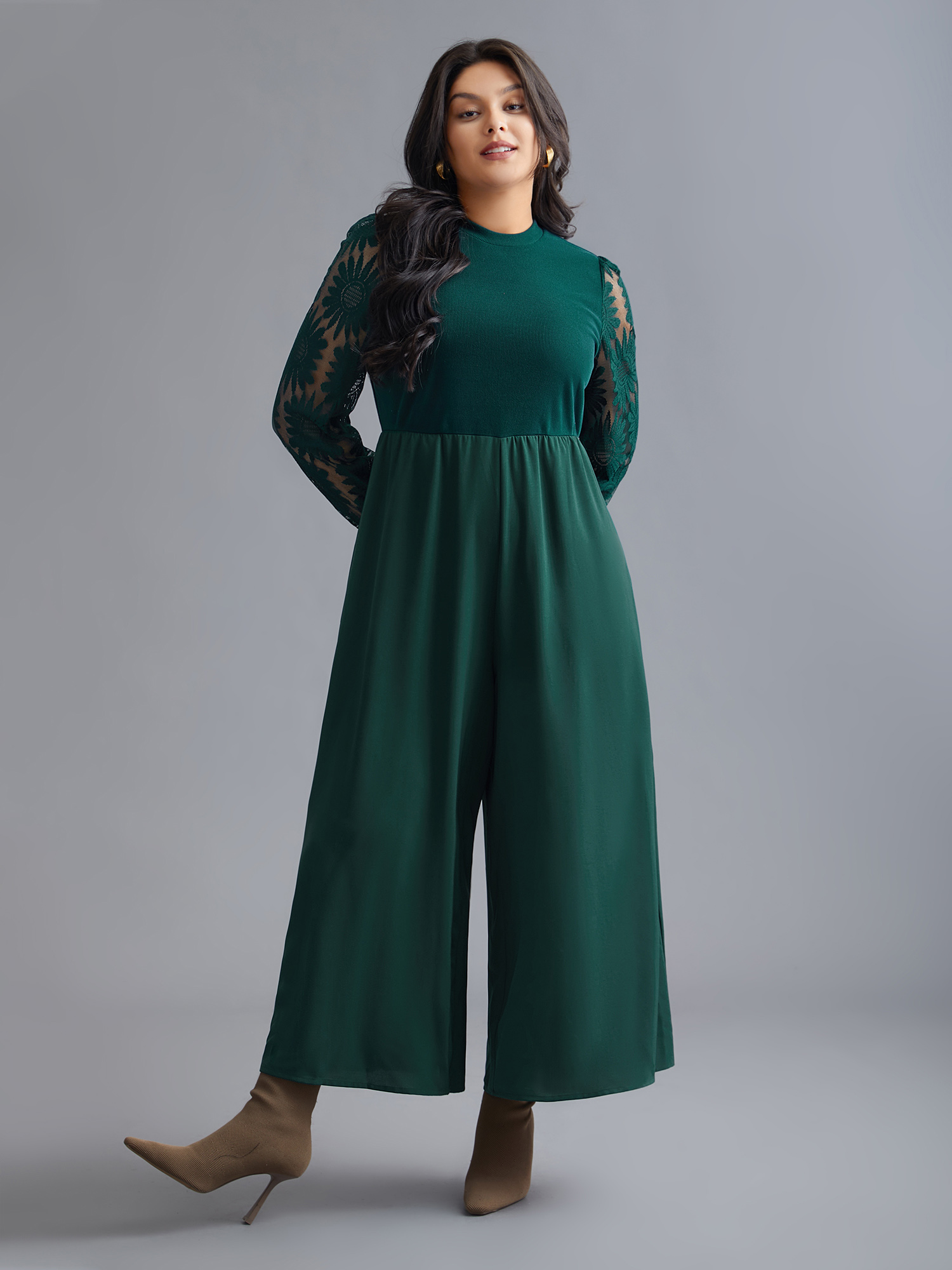 Plus Size Truegreen Crochet Lace Mesh Mock Neck Jumpsuit Women Elegant Long Sleeve Mock Neck Everyday Loose Jumpsuits BloomChic 22-24/3X 