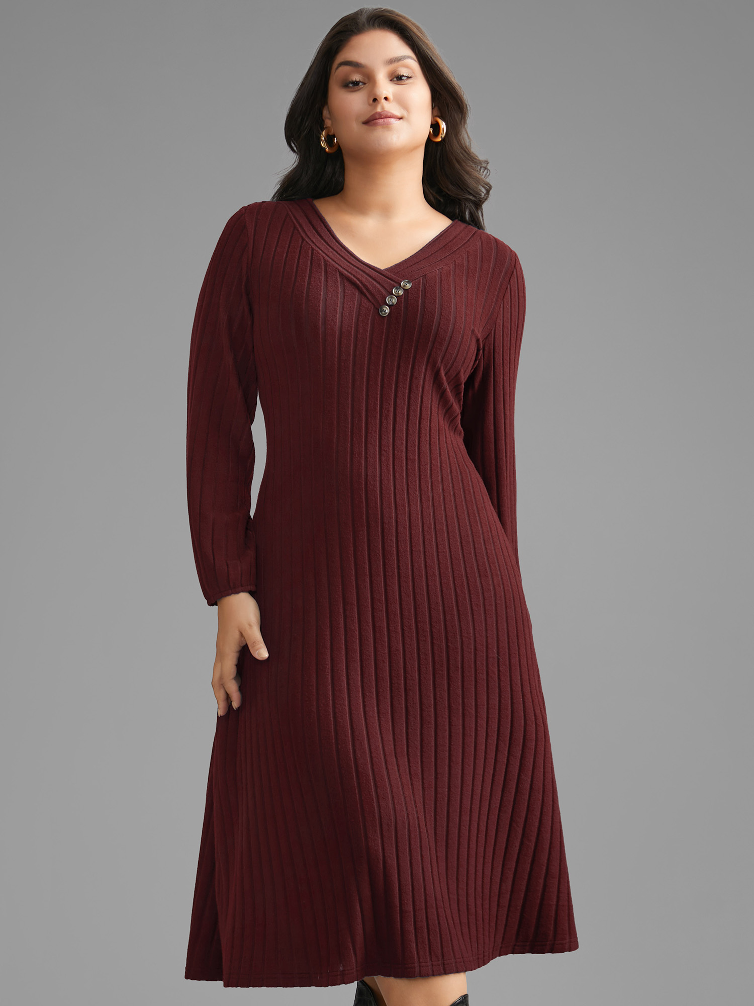 

Plus Size Plain Rib Knit Button Detail Dress Burgundy Women Casual Texture Knit Dresses Bloomchic