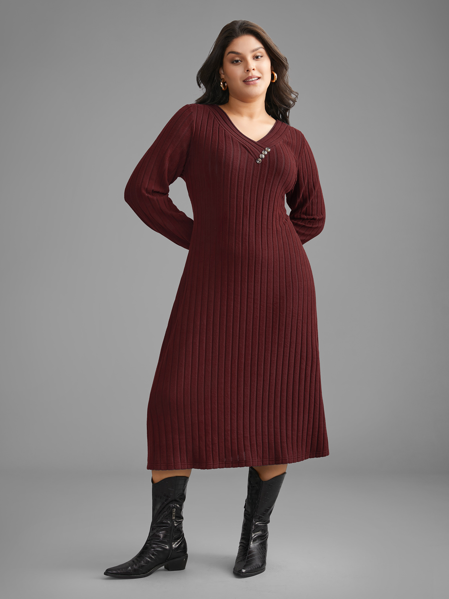 

Plus Size Plain Rib Knit Button Detail Dress Burgundy Women Casual Texture Knit Dresses Bloomchic