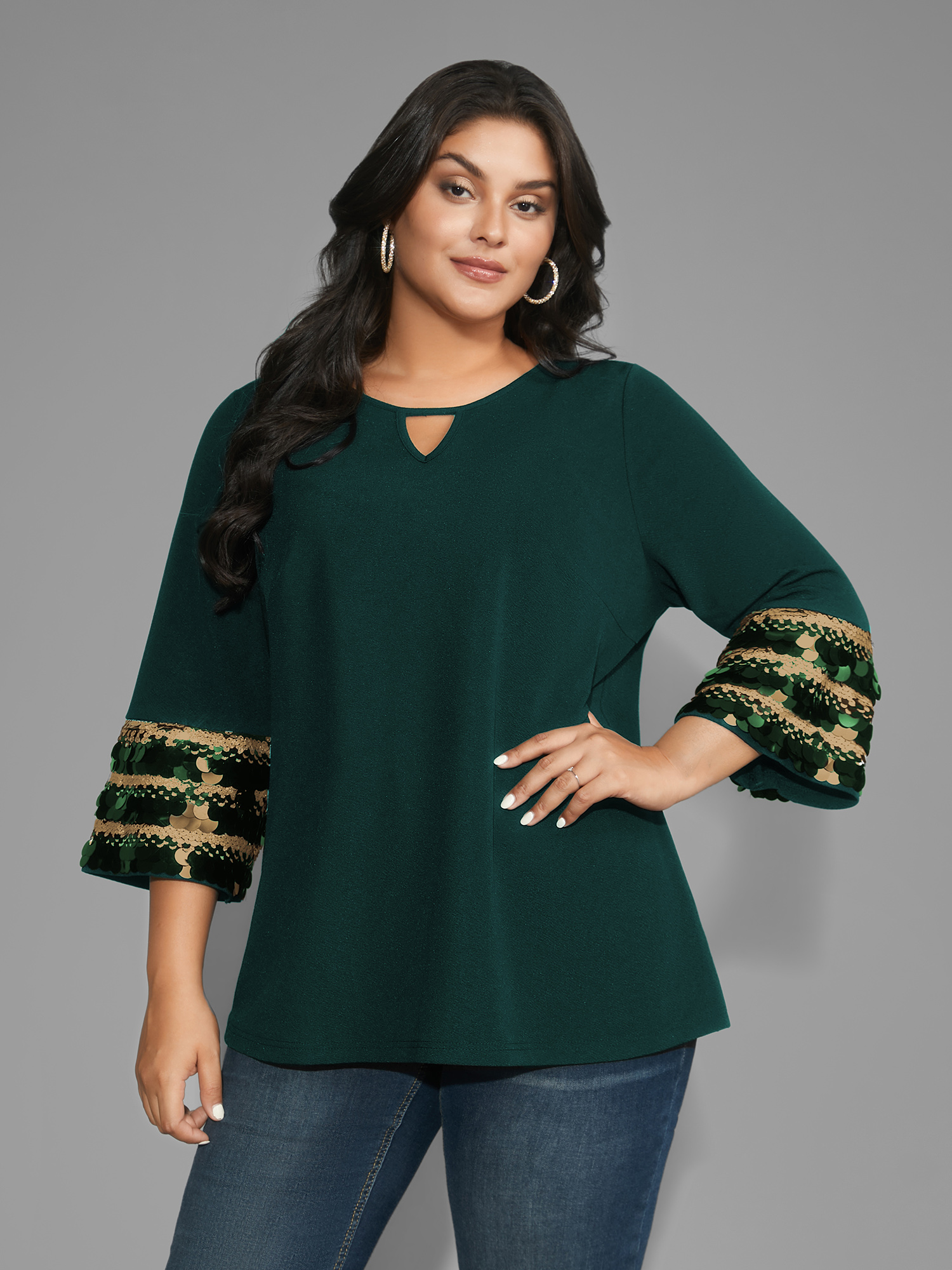 

Plus Size DarkGreen Sequin Patchwork Keyhole Bell Sleeve Blouse Women Elegant Three Quater Length Sleeve Round Neck Everyday Blouses BloomChic