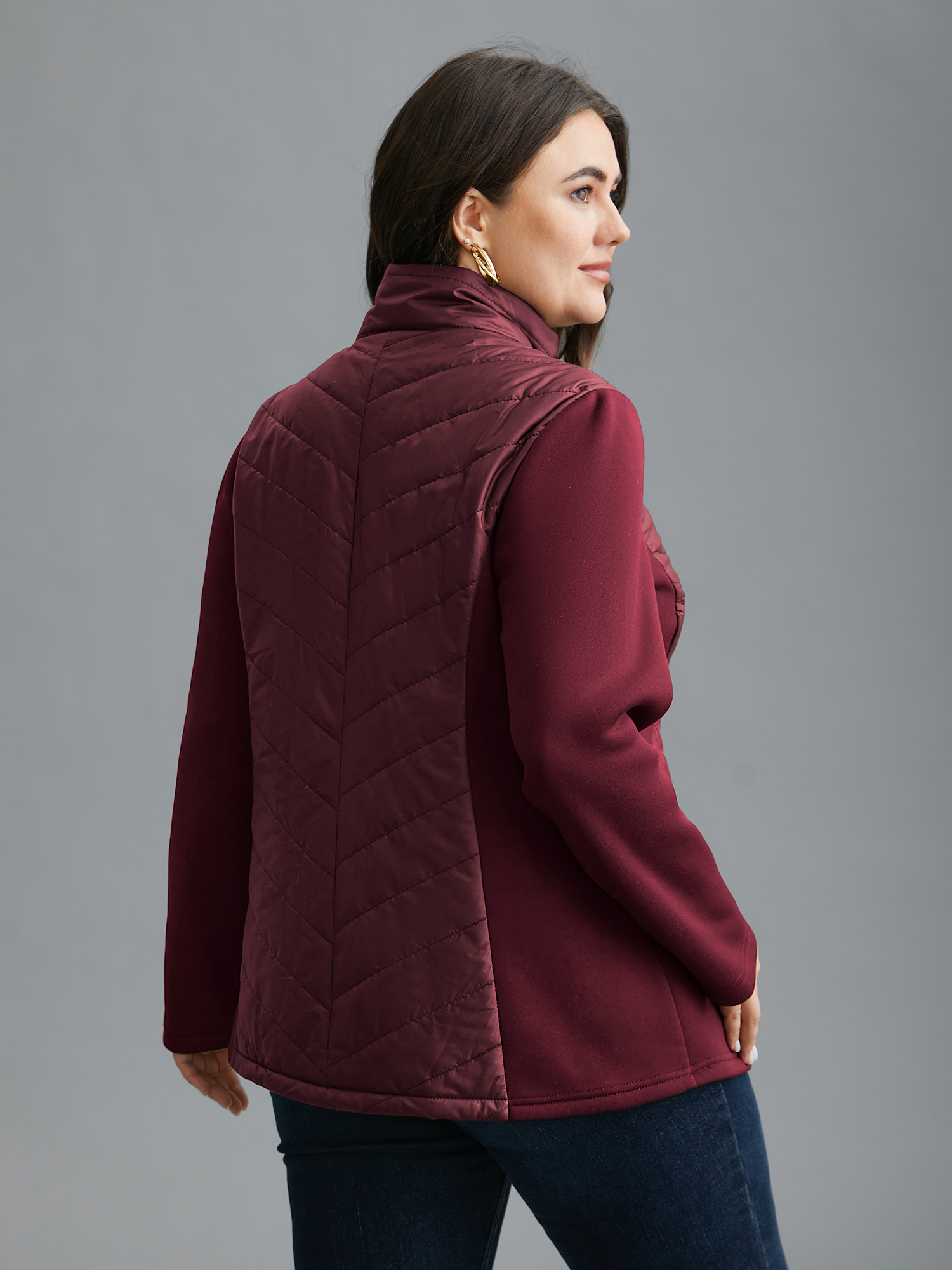 

Plus Size Funnel Neck Contrasting Design Zipper Coat Women Burgundy Casual Topstitching Ladies Everyday Winter Coats BloomChic