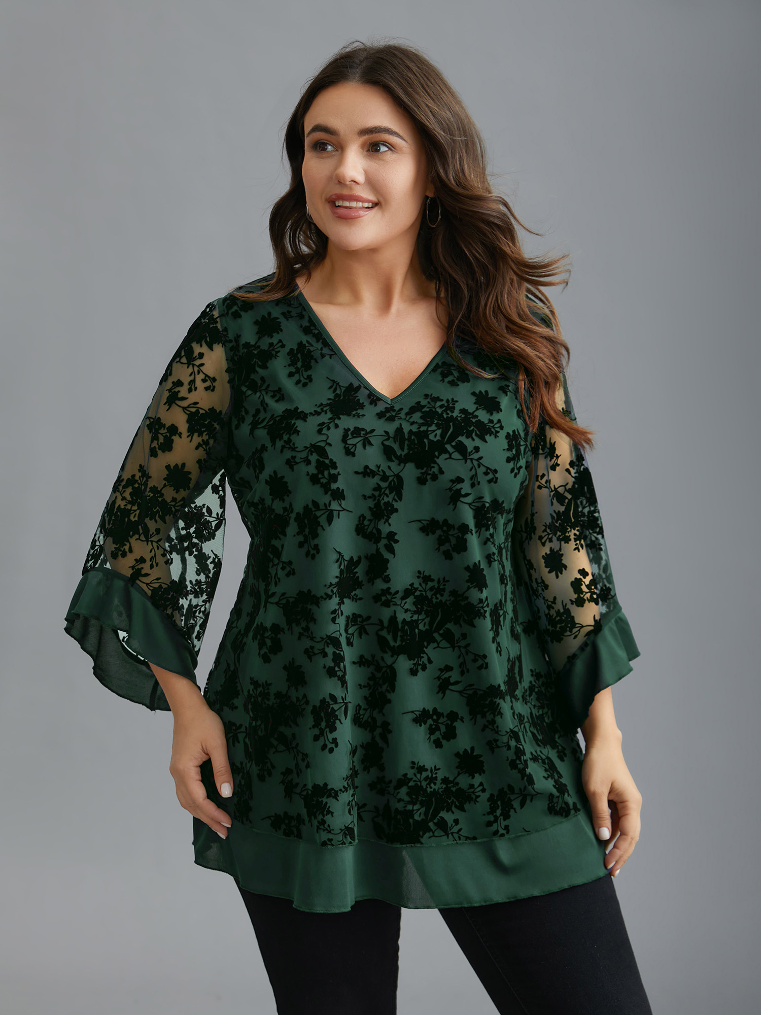 

Plus Size DarkGreen Floral Flocking Mesh Asymmetrical Hem Blouse Women Elegant Three Quater Length Sleeve V-neck Everyday Blouses BloomChic