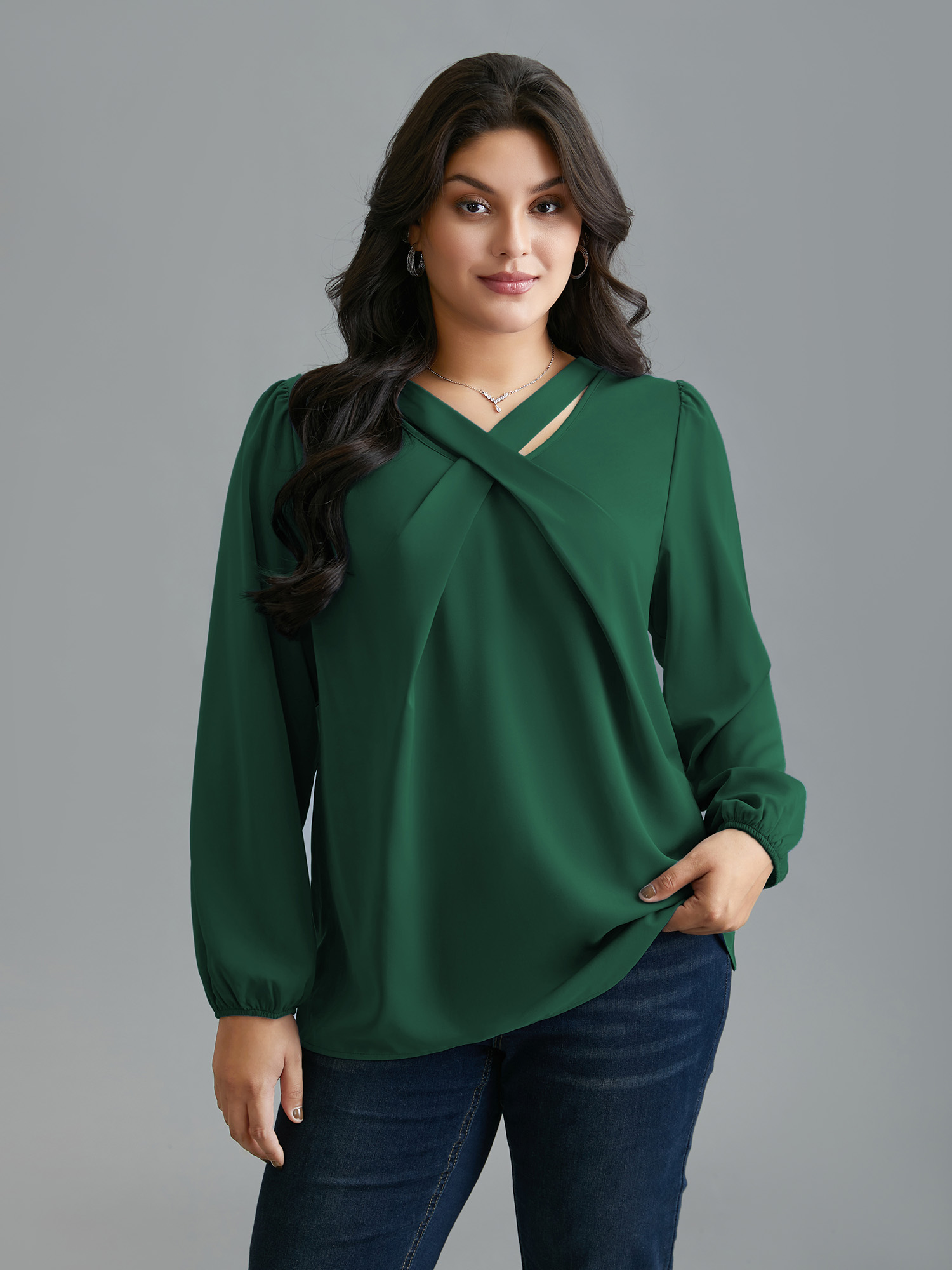 

Plus Size DarkGreen Criss Cross Neckline Puff Sleeve Gathered Blouse Women Elegant Long Sleeve Asymmetrical Neck Everyday Blouses BloomChic