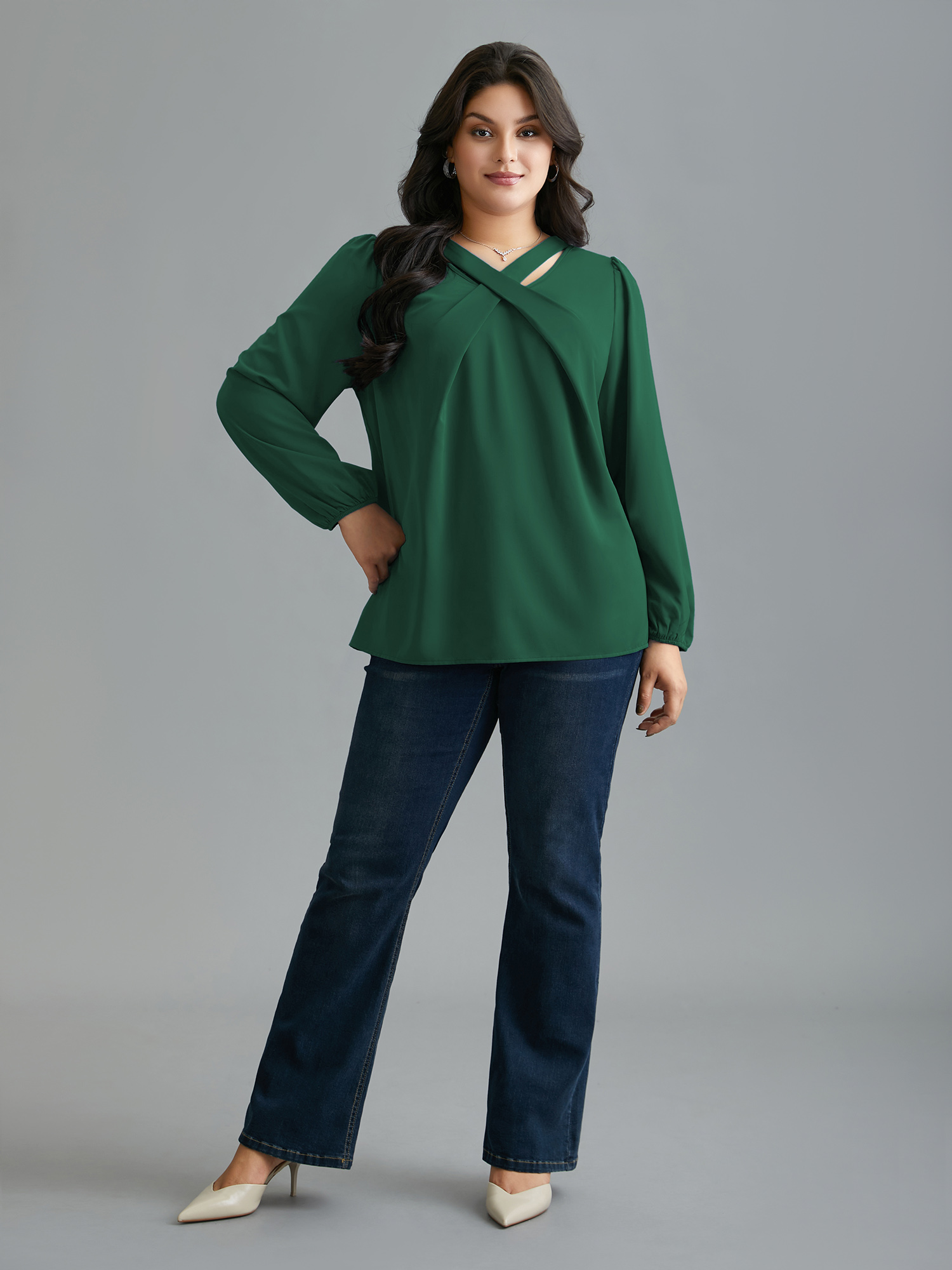 

Plus Size DarkGreen Criss Cross Neckline Puff Sleeve Gathered Blouse Women Elegant Long Sleeve Asymmetrical Neck Everyday Blouses BloomChic