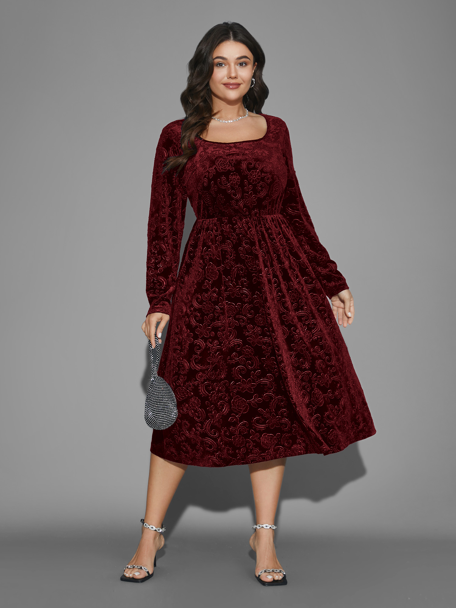 

Plus Size Square Neck Floral Velvet Midi Dress Burgundy Women Cocktail Party Curvy Bloomchic