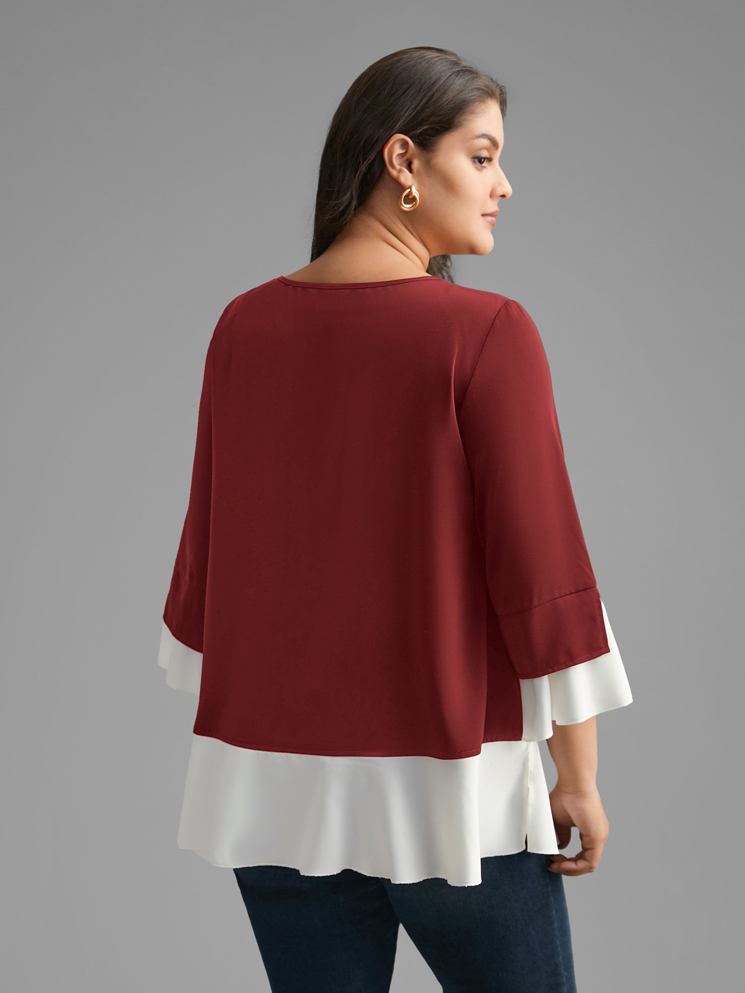 

Plus Size Scarlet Contrast Patchwork Bell Sleeve Blouse Women Elegant Elbow-length sleeve Round Neck Everyday Blouses BloomChic