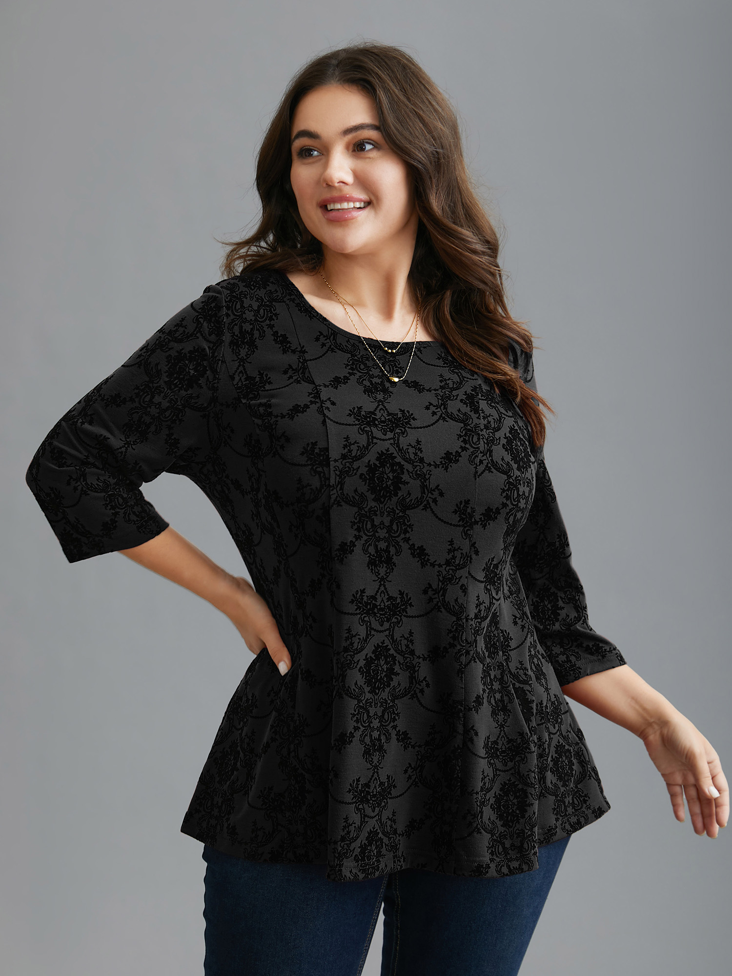 

Plus Size Boho Print Flocking Knit Slim-Fit Top Black Round Neck Elbow-length sleeve Elegant Jersey Tops