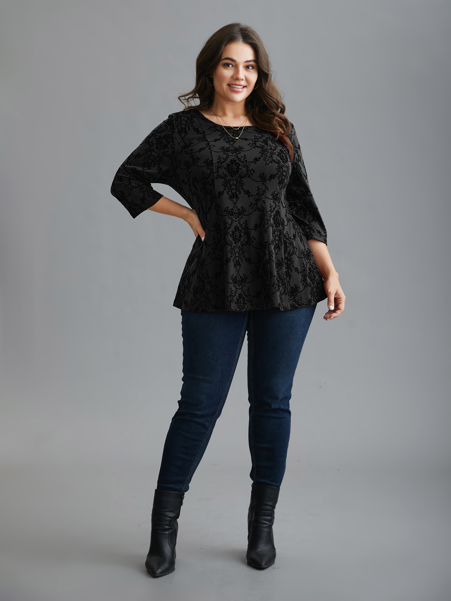 

Plus Size Boho Print Flocking Knit Slim-Fit Top Black Round Neck Elbow-length sleeve Elegant Jersey Tops