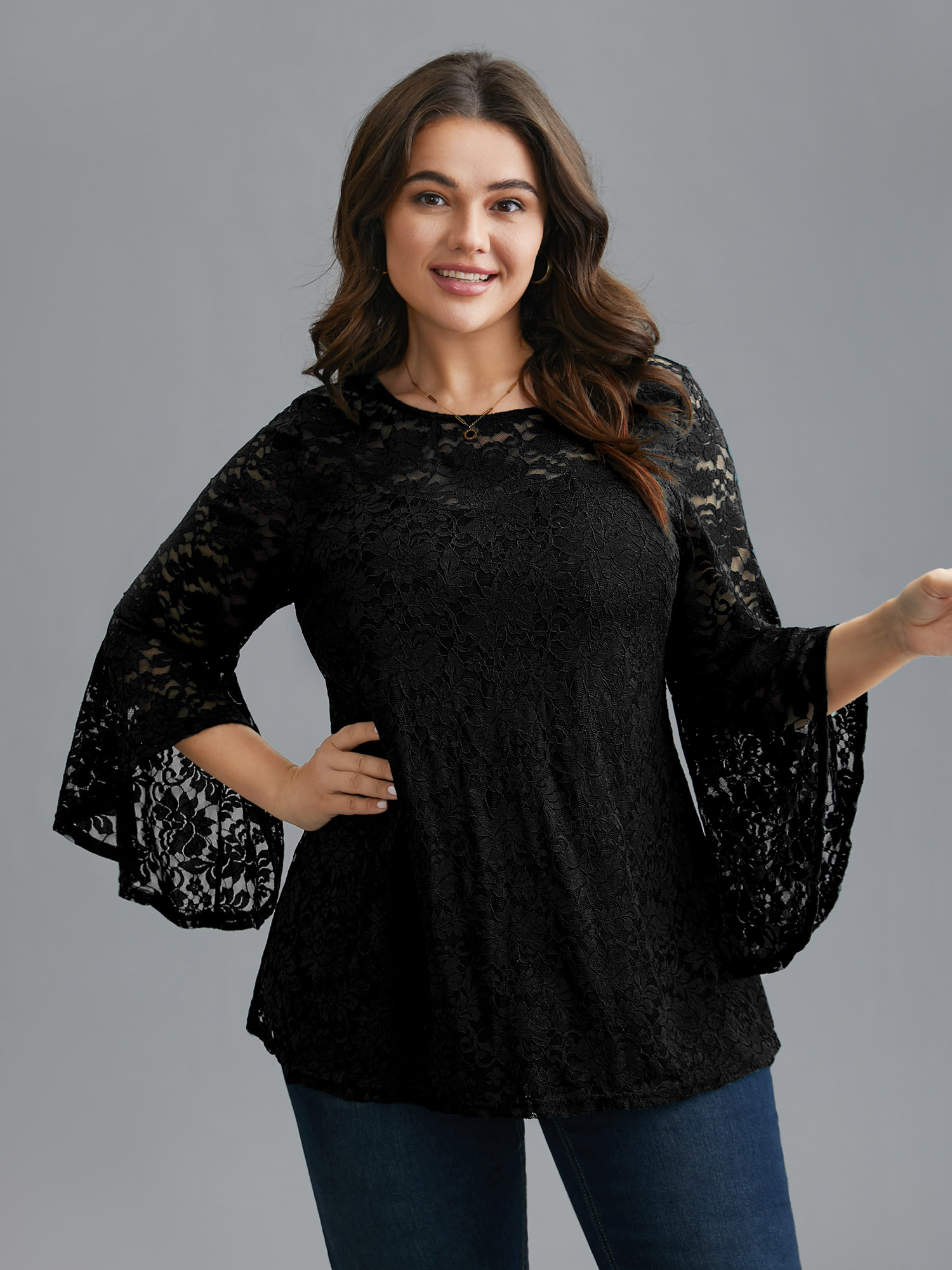 

Plus Size Black Sheer Lace Irregular Sleeve Lined Shirt Women Elegant Long Sleeve Round Neck Everyday Blouses BloomChic