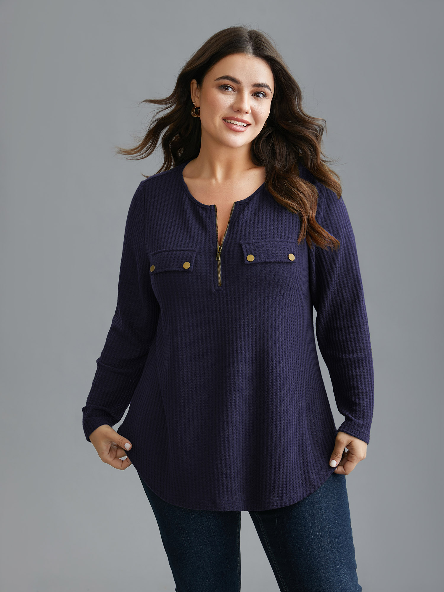 

Plus Size Half Zipper Flap Detail Pockets Knit Top Indigo Round Neck Long Sleeve Elegant Jersey Tops