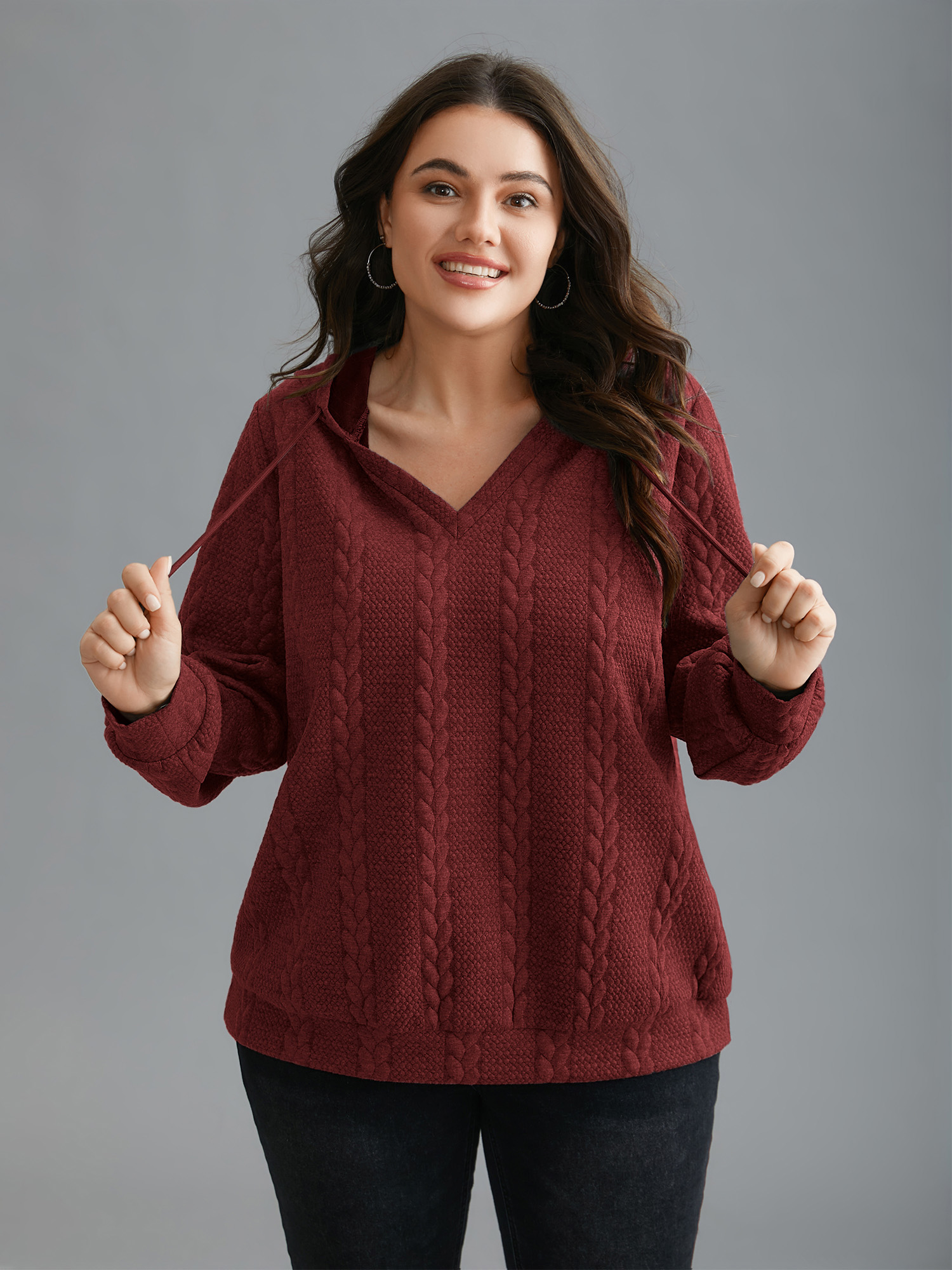 

Plus Size Cable Knit V-Neck Ribbed Hem Hoodie Women Burgundy Casual Texture Hooded Everyday Sweatshirts BloomChic