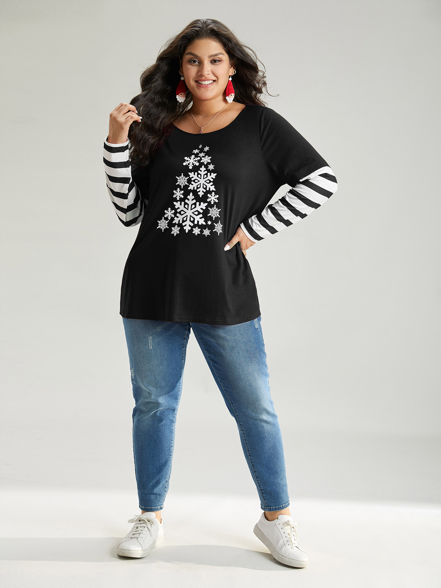 

Plus Size Snowflake Striped Patchwork T-shirt Black Women Casual Contrast Christmas Round Neck Festival-Christmas T-shirts BloomChic