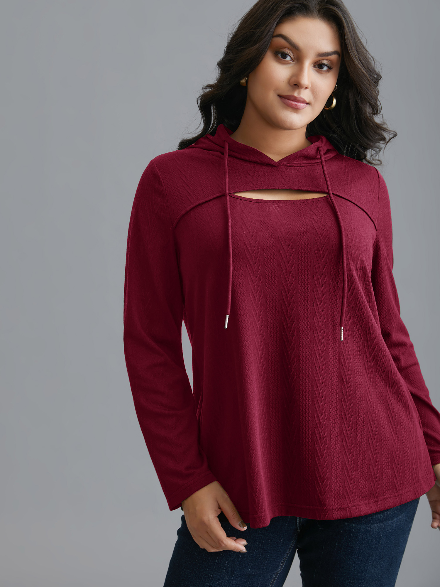 

Plus Size Neck Cut-Out Elastic Textured Hoodie Women Burgundy Elegant Texture Bodycon Hooded Everyday Sweatshirts BloomChic