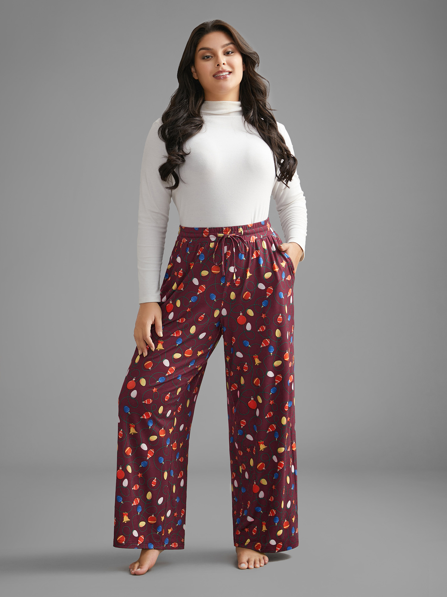 

Plus Size Bulb Print Drawstring Lounge Bottoms Burgundy  Bloomchic