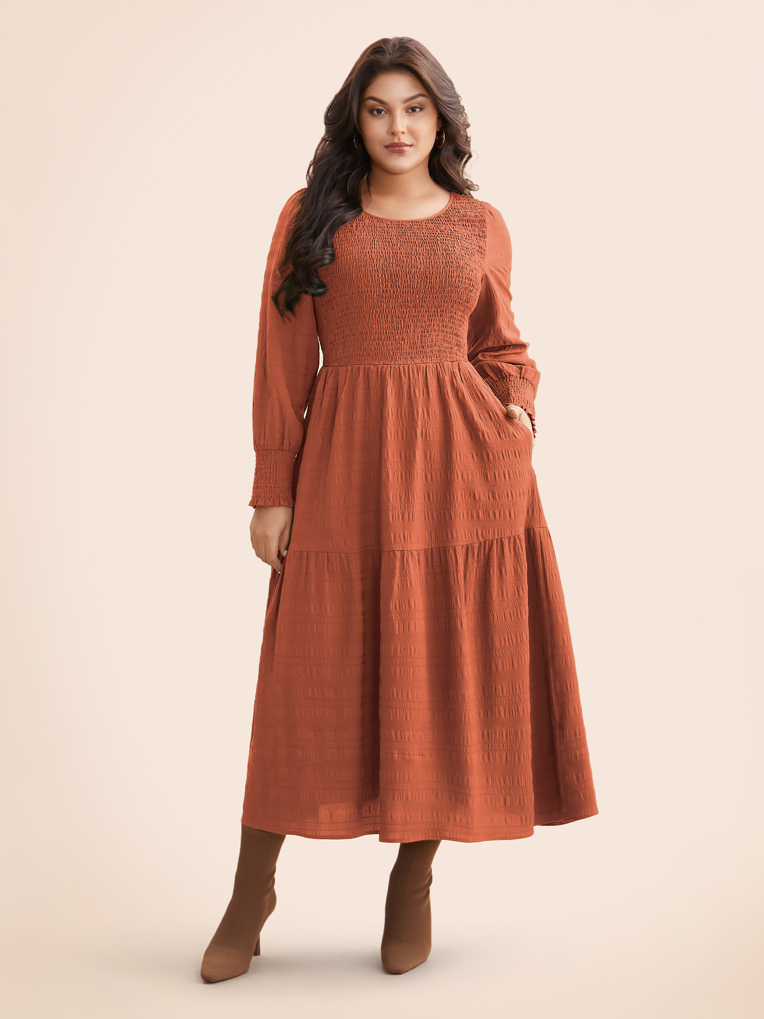 

Plus Size Plain Textured Shirred Midi Dress Rust Women Elegant Texture Round Neck Long Sleeve Curvy BloomChic